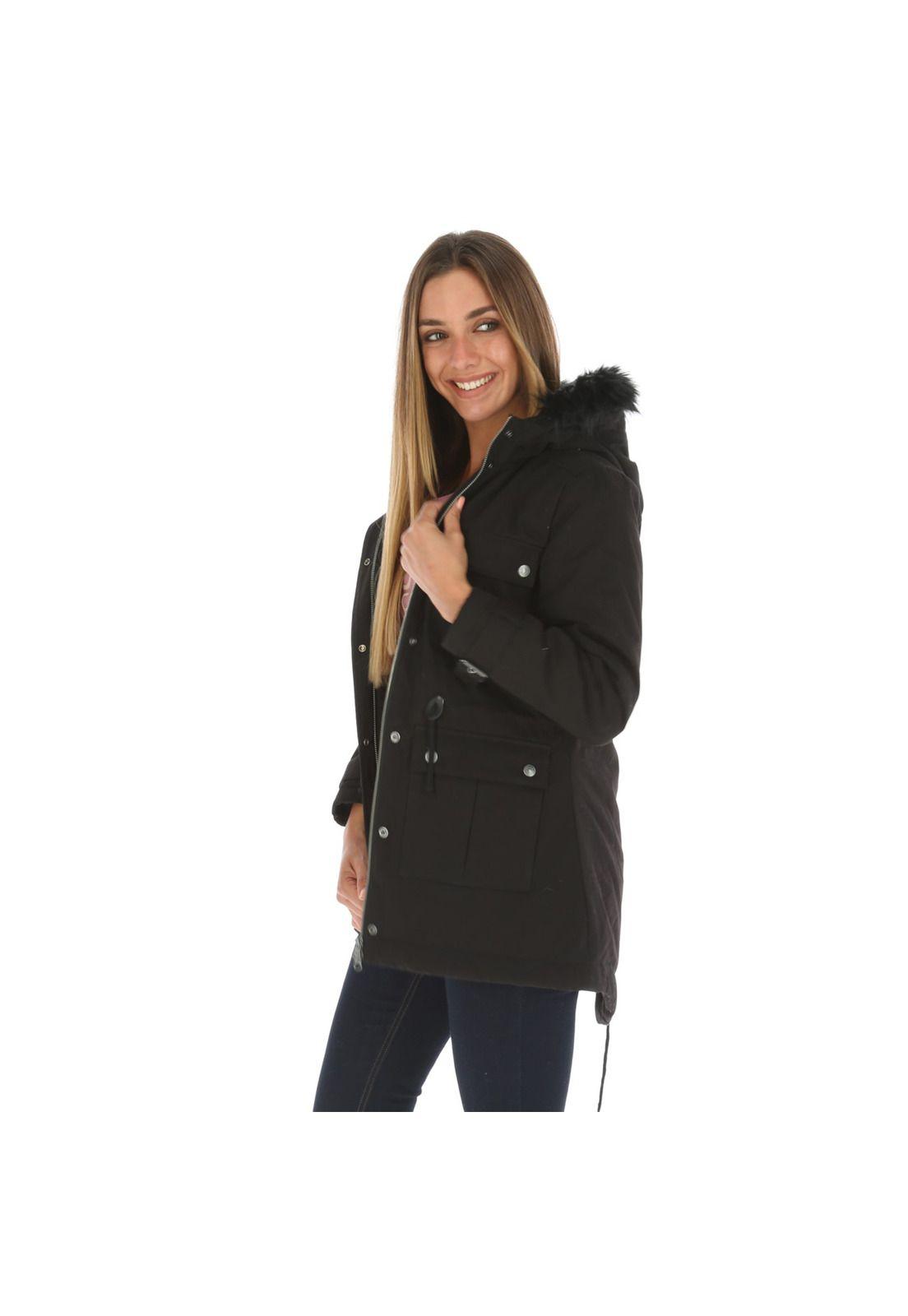 Chaqueta Mujer Fur Hood Parka Negro-1