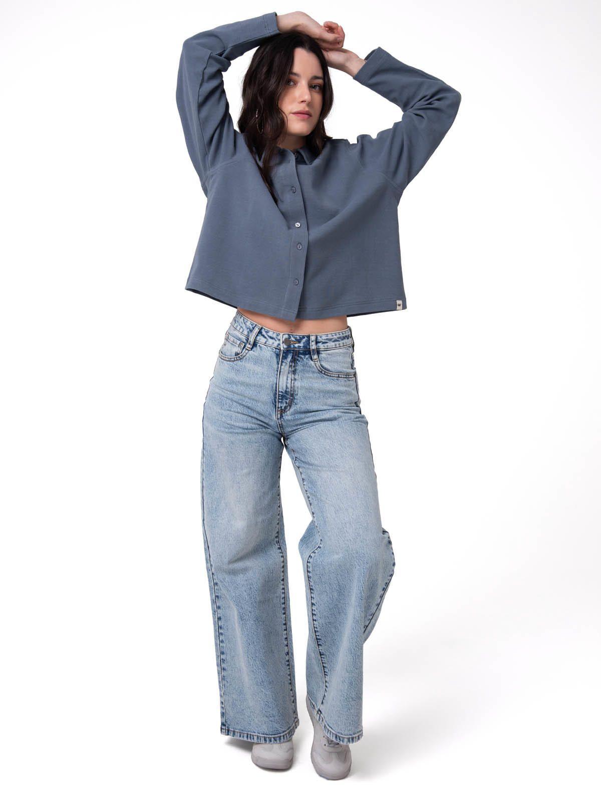 Camisa Manga Larga Mujer Waffle Knit Azul-5