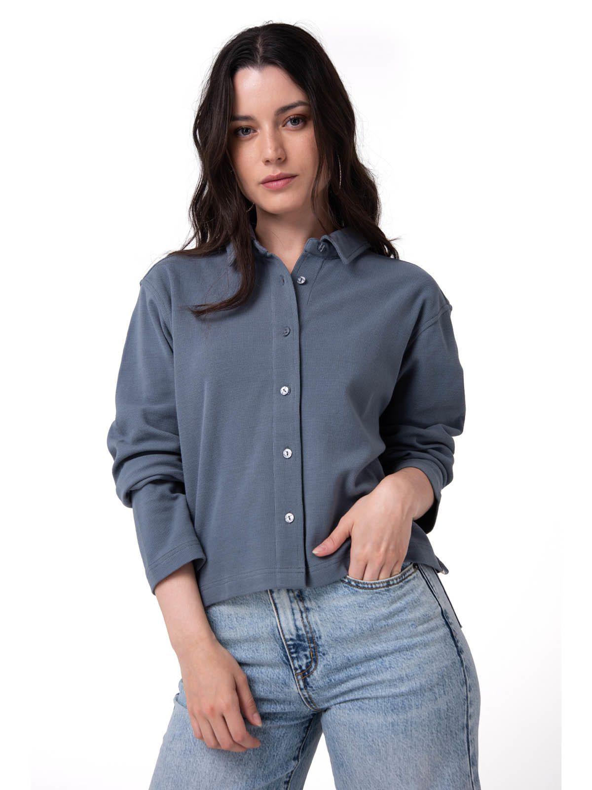 Camisa Manga Larga Mujer Waffle Knit Azul-0