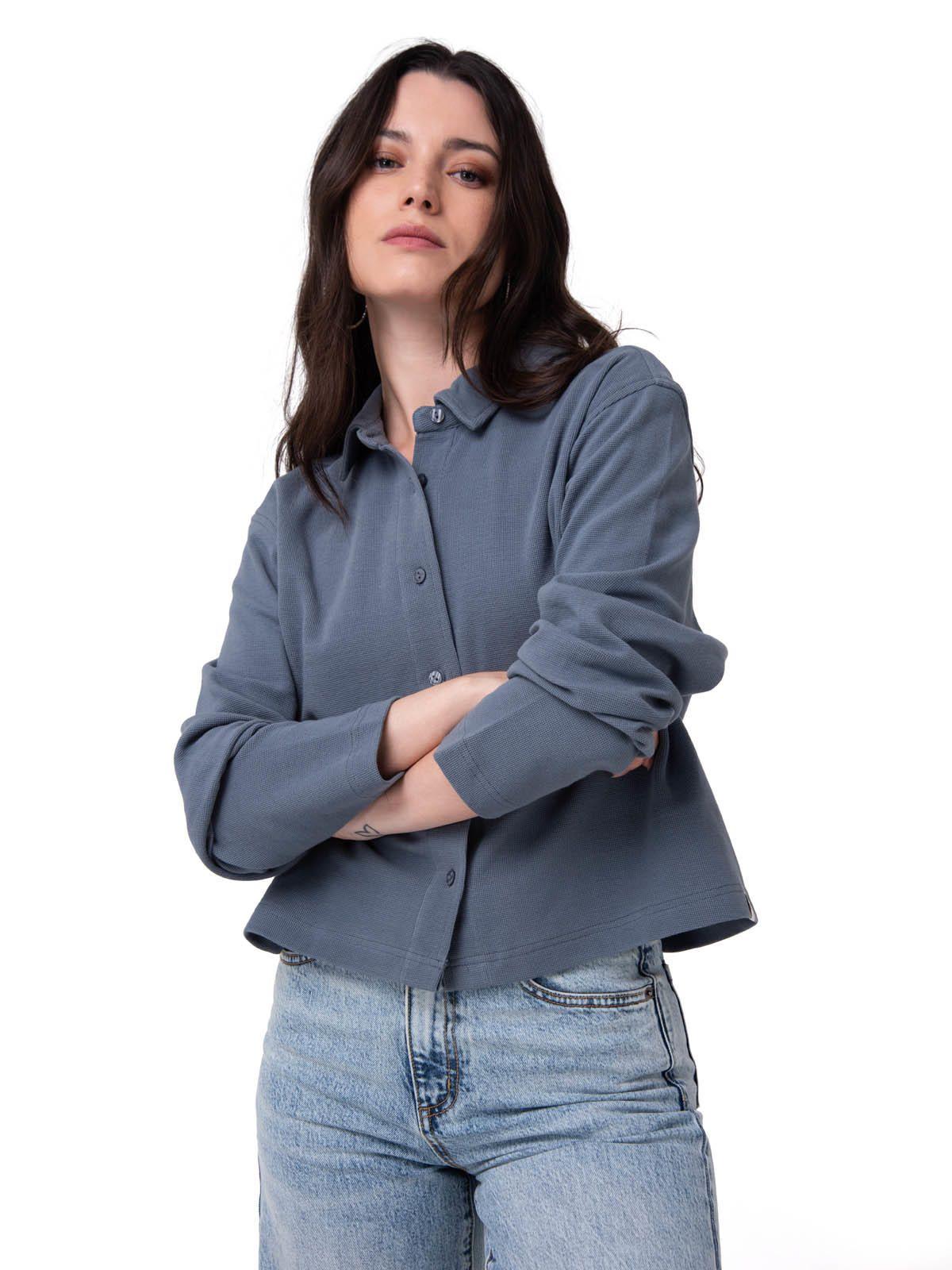 Camisa Manga Larga Mujer Waffle Knit Azul-1