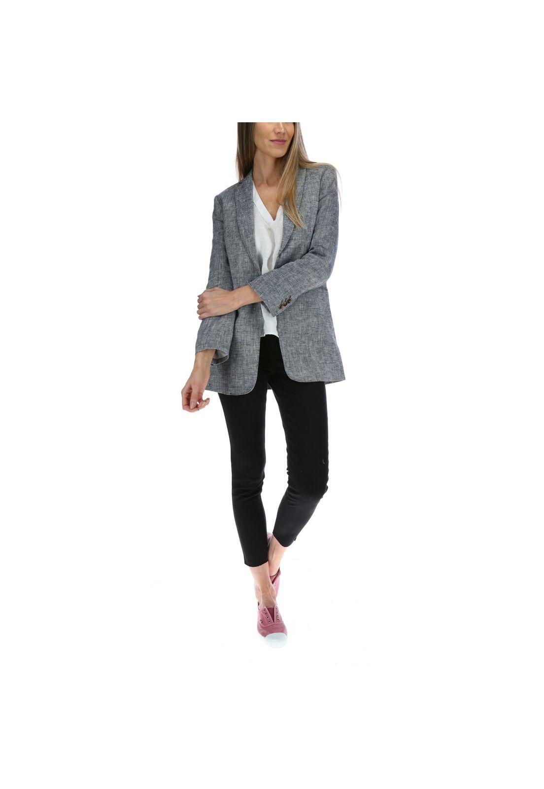 Chaqueta Lino Mujer Long Blazer Negro-4