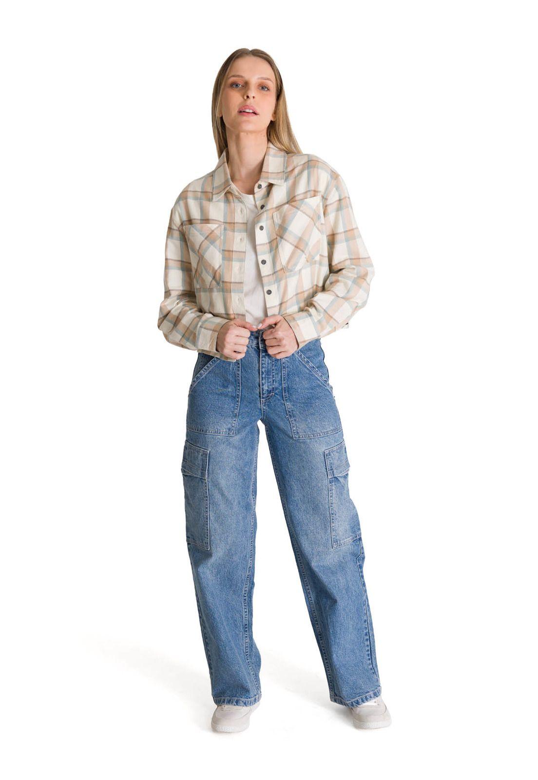 Camisa Manga Larga Mujer Cropped Flannel Beige-5