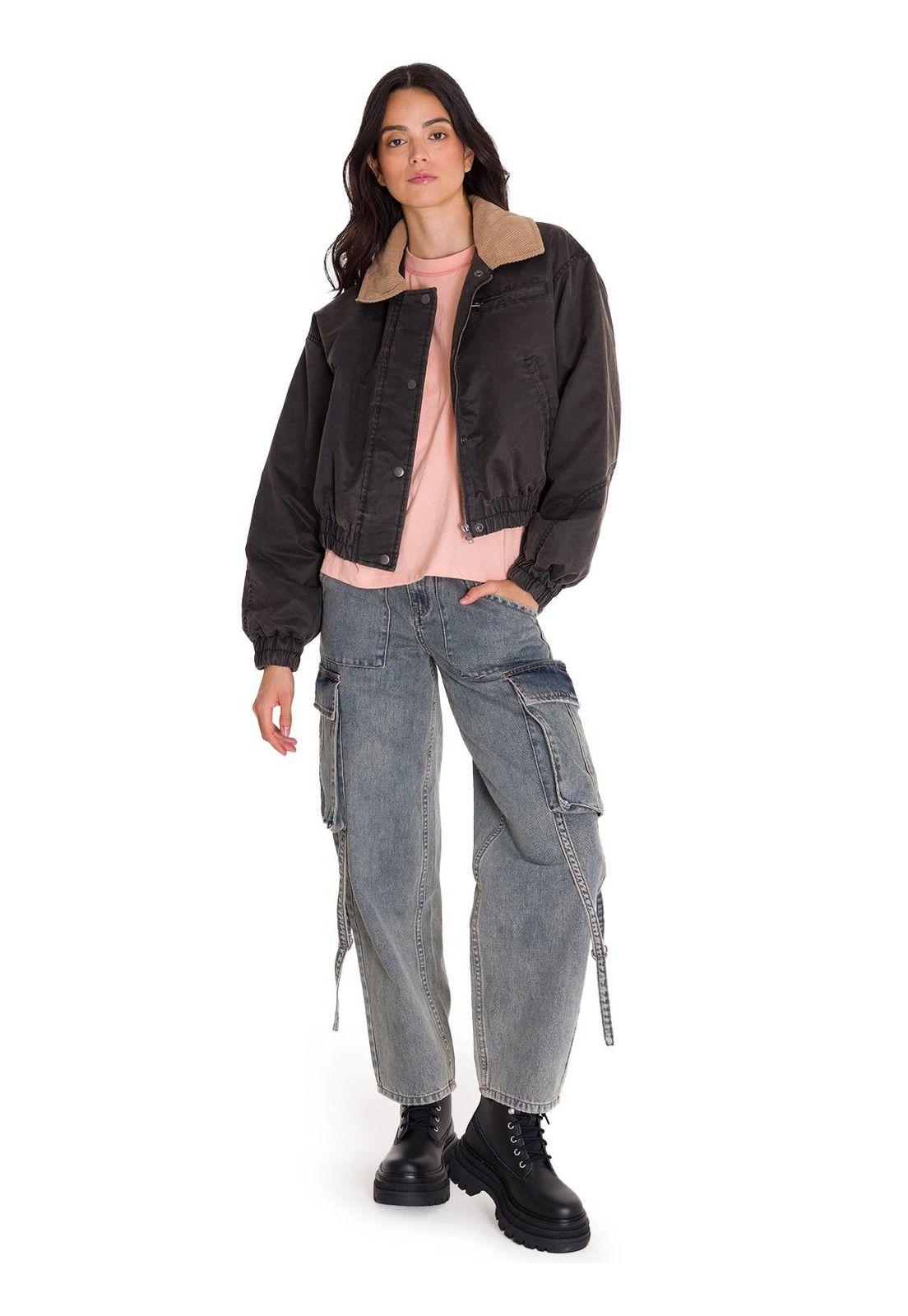 Chaqueta Waxed Cropped Bomber Mujer Gris Oscura-5