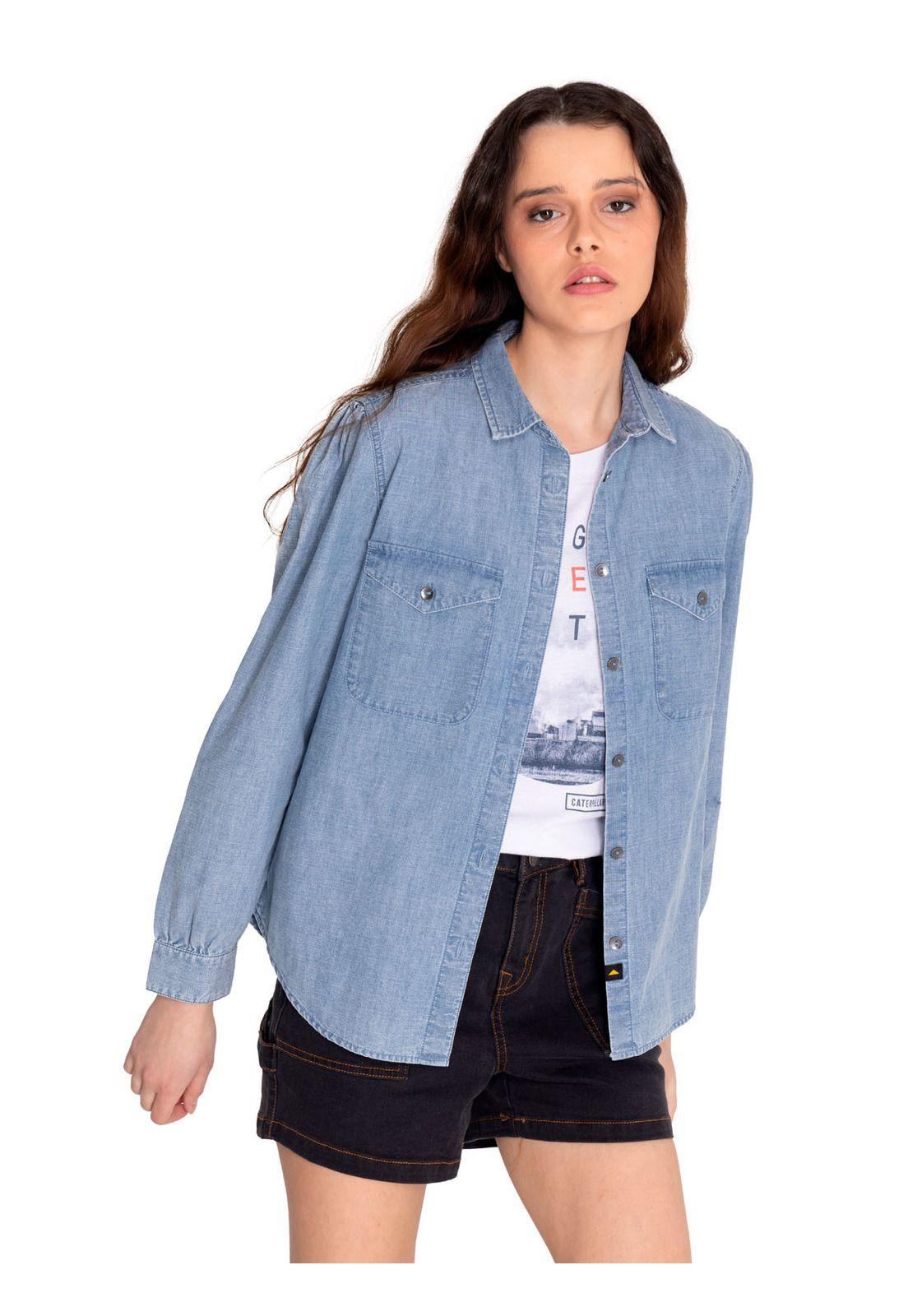 Blusa Manga Larga Mujer Chambray Relaxed Azul Claro-0