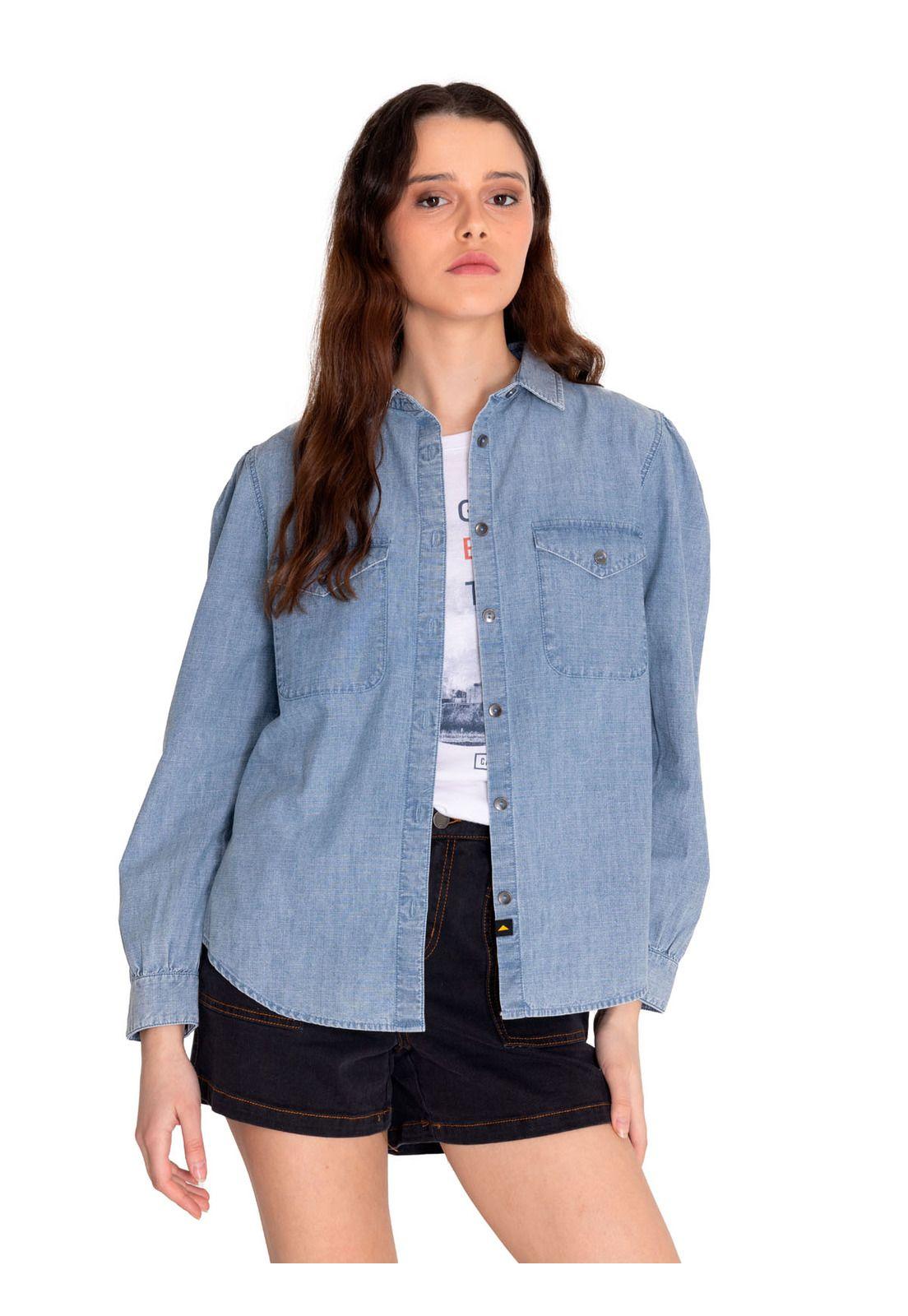 Blusa Manga Larga Mujer Chambray Relaxed Azul Claro-4