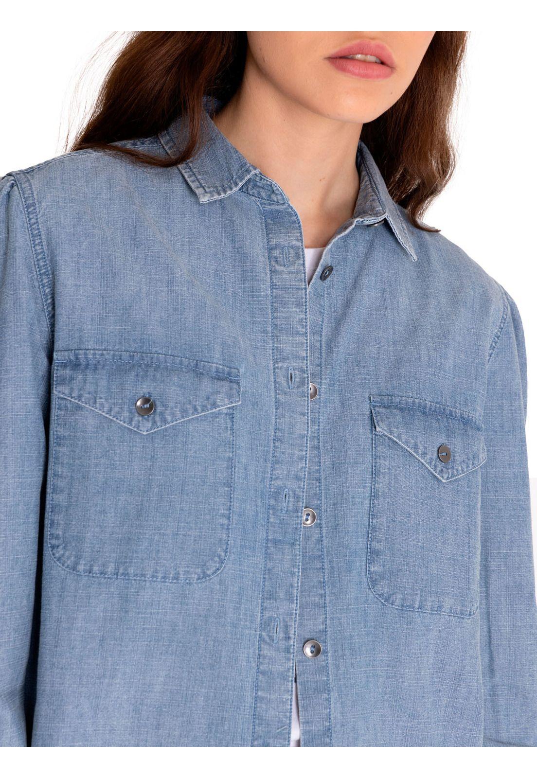 Blusa Manga Larga Mujer Chambray Relaxed Azul Claro-5