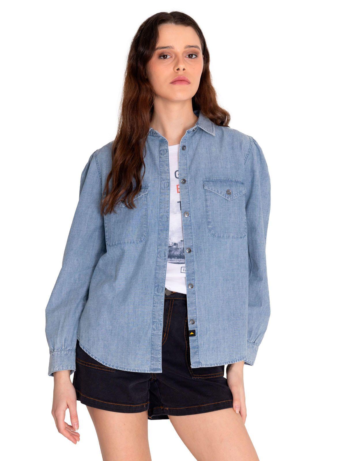Blusa Manga Larga Mujer Chambray Relaxed Azul Claro-4