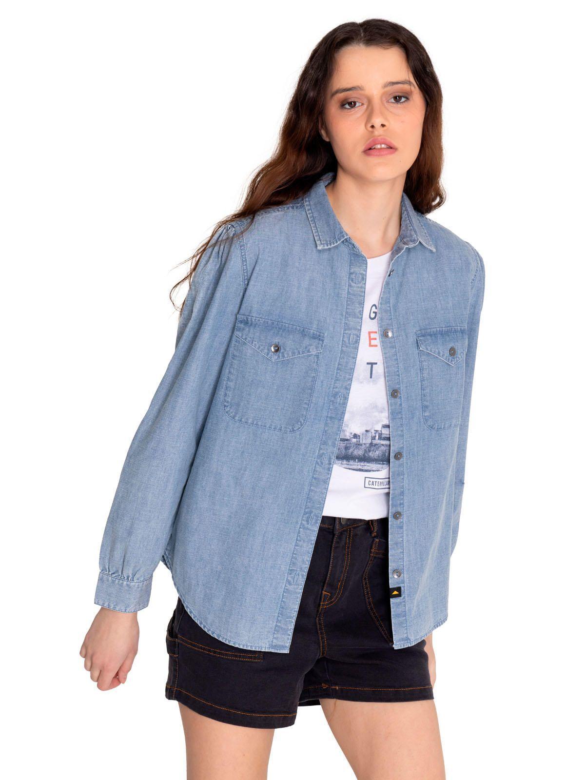 Blusa Manga Larga Mujer Chambray Relaxed Azul Claro-0