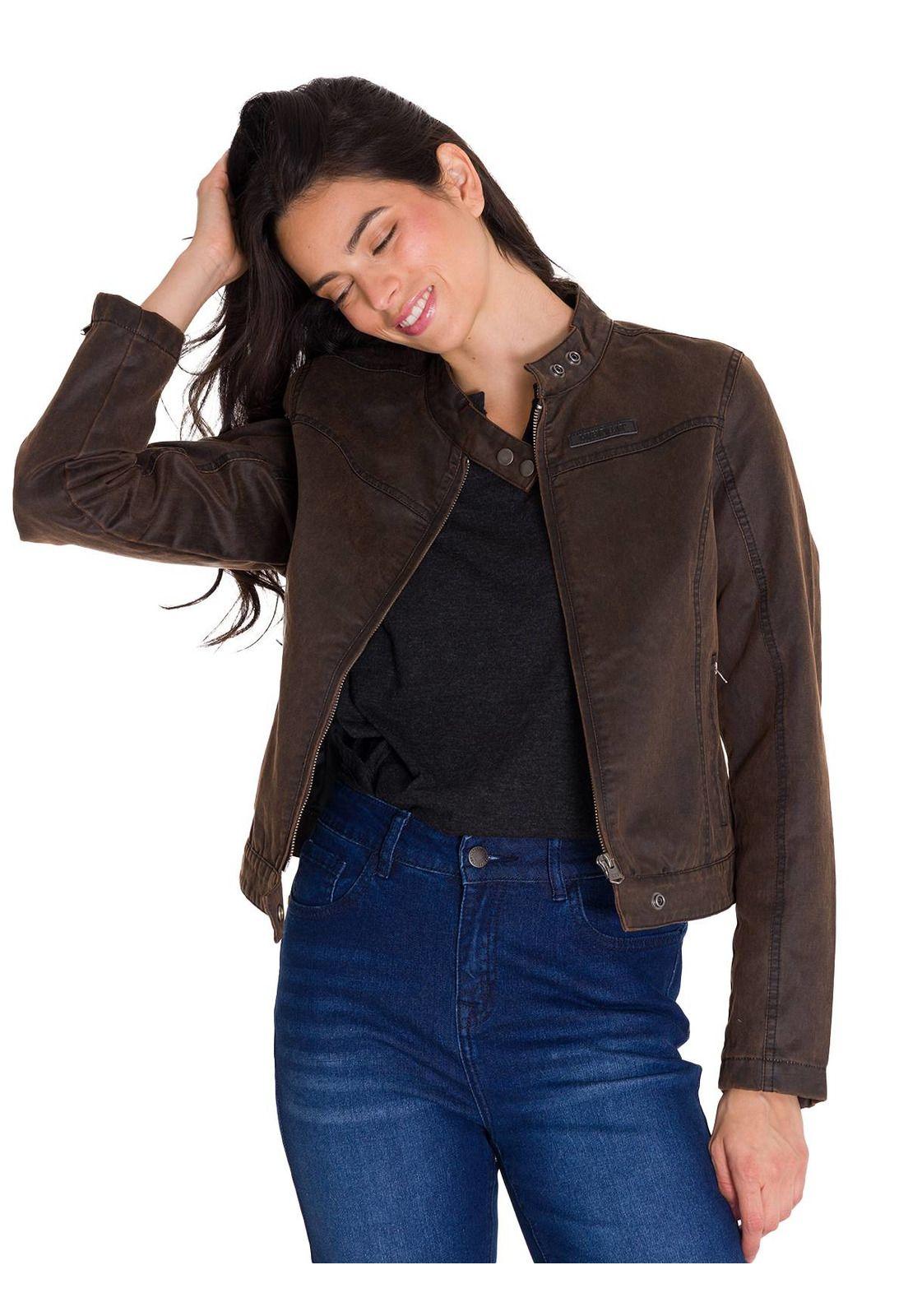 Chaqueta Casual Waxed Moto Mujer Café Oscura-0
