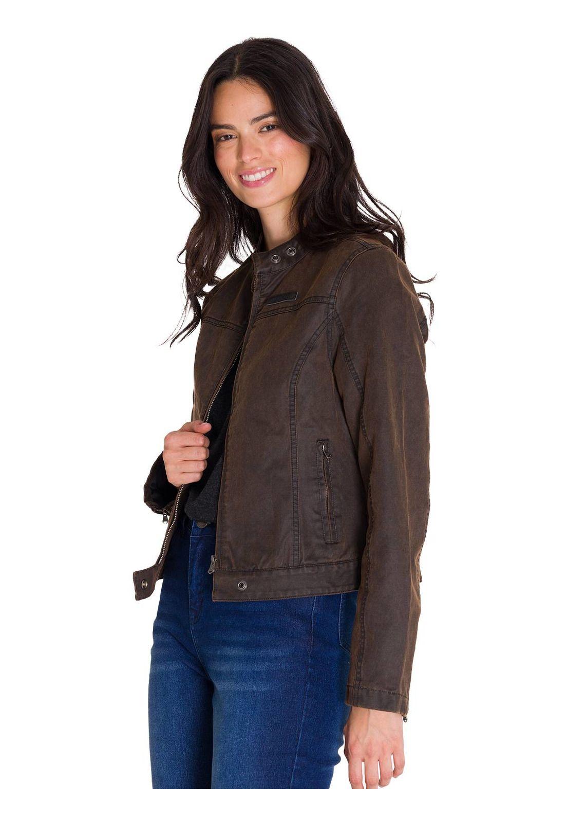Chaqueta Casual Waxed Moto Mujer Café Oscura-1