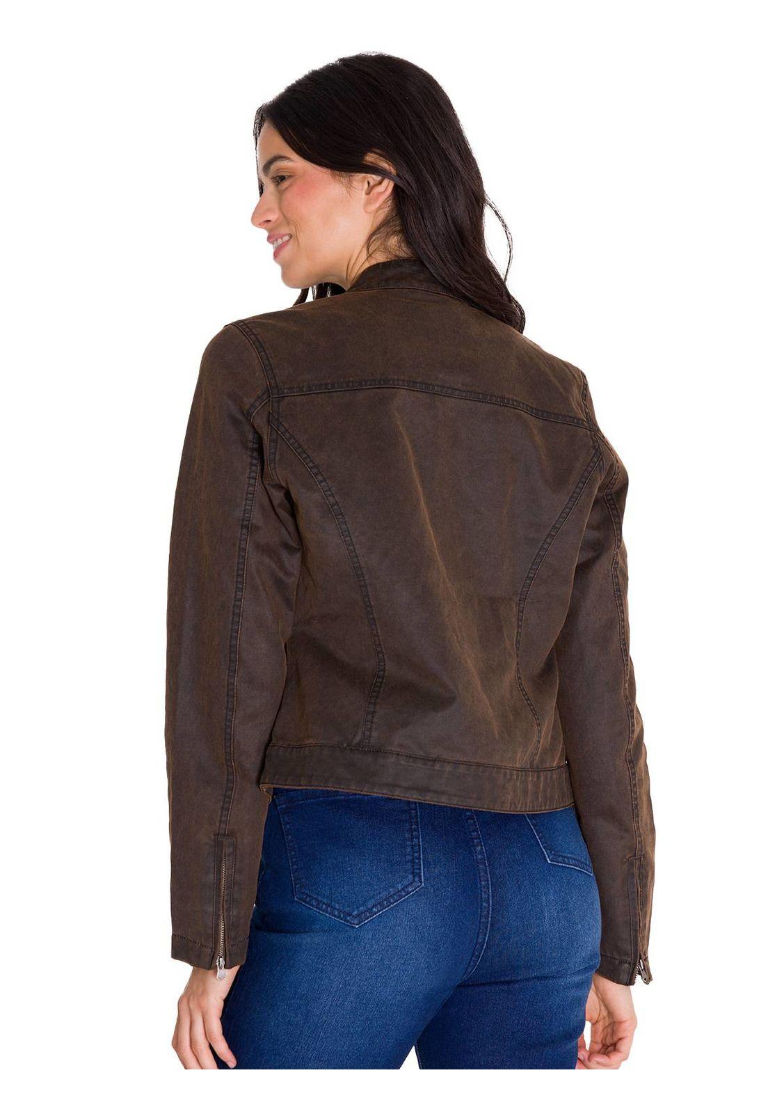 Chaqueta Casual Waxed Moto Mujer Café Oscura-3