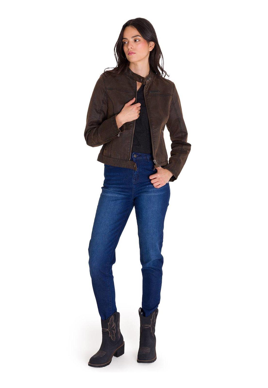 Chaqueta Casual Waxed Moto Mujer Café Oscura-6