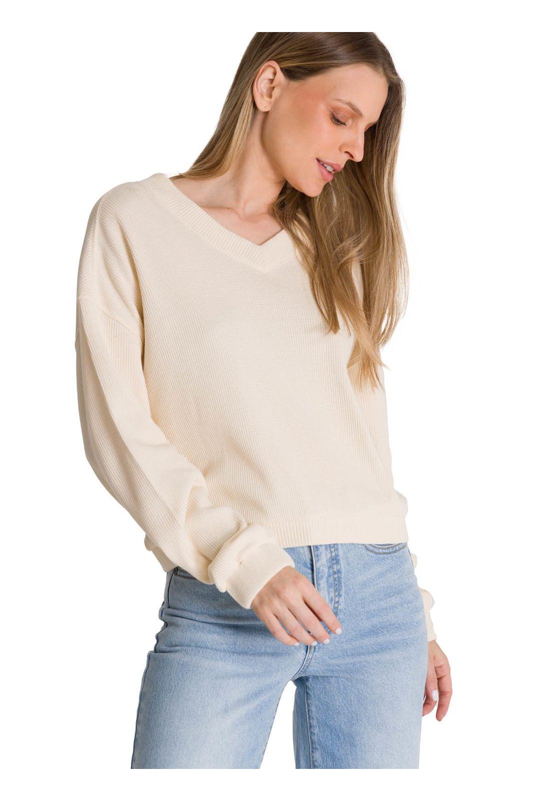 Polerón Cuello en V Mujer Oversize Waffle Blanco-1