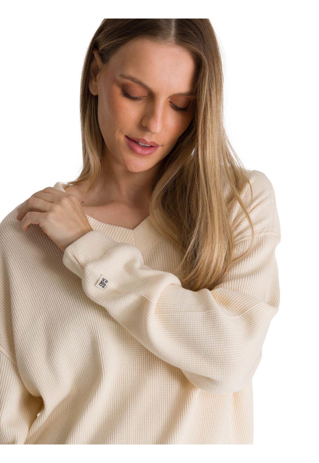 Polerón Cuello en V Mujer Oversize Waffle Blanco-4