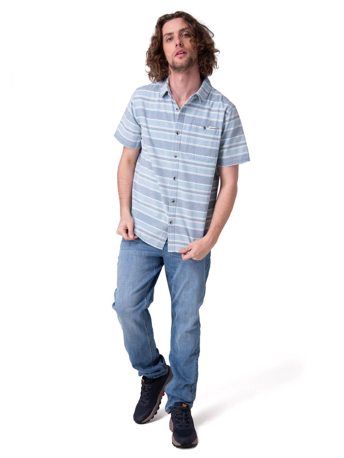 Camisa Manga Corta Chambray Plaid Short Hombre Azul-5