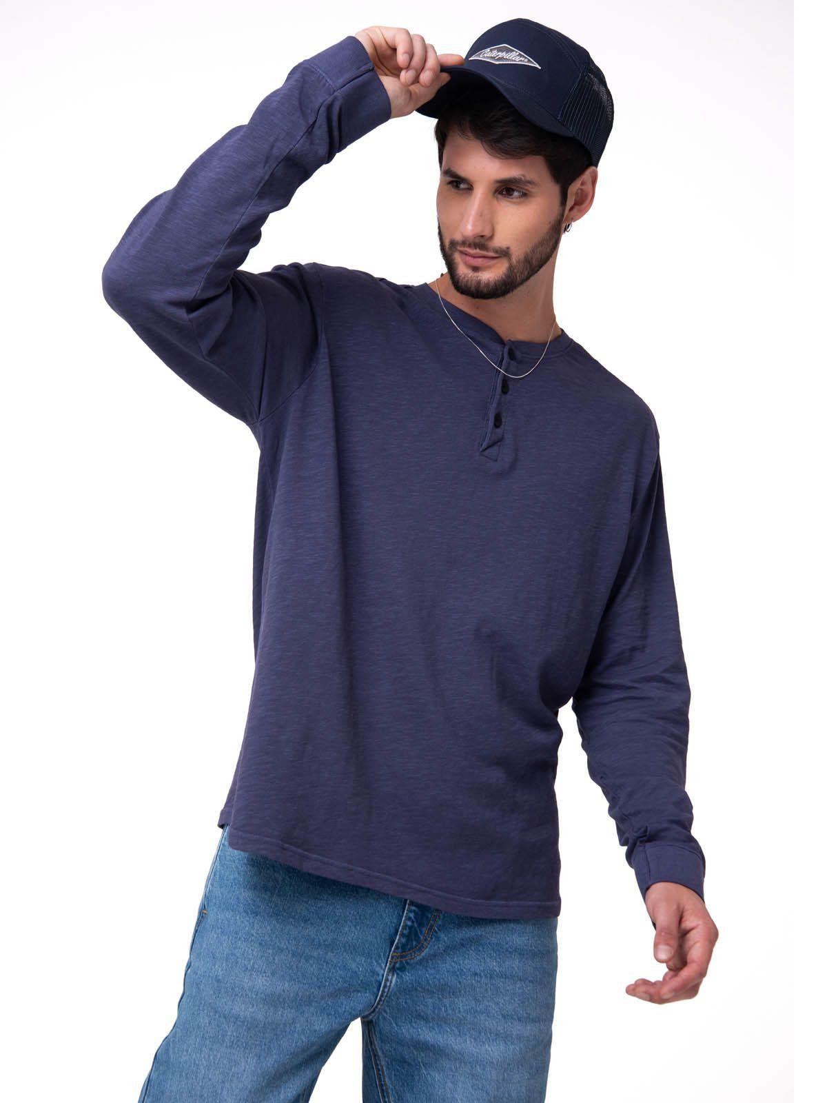 Polera Manga Larga Henley Hombre Slub Knit Azul-0