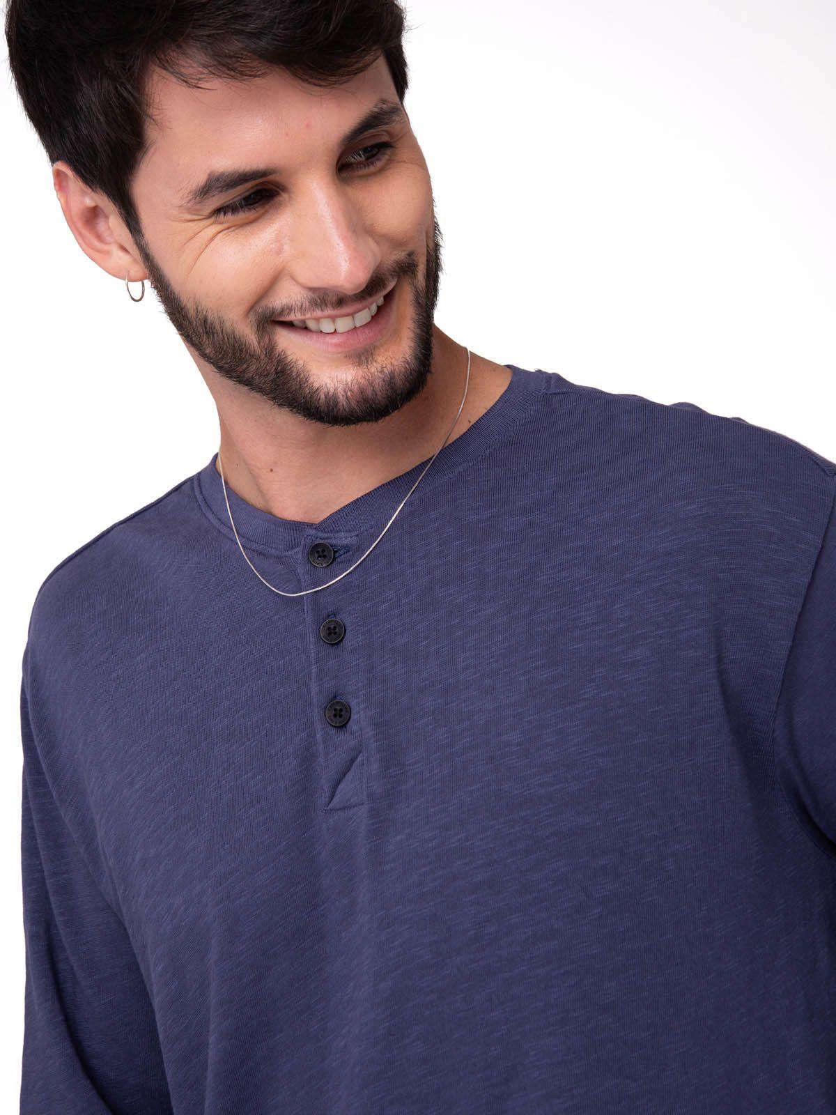 Polera Manga Larga Henley Hombre Slub Knit Azul-3
