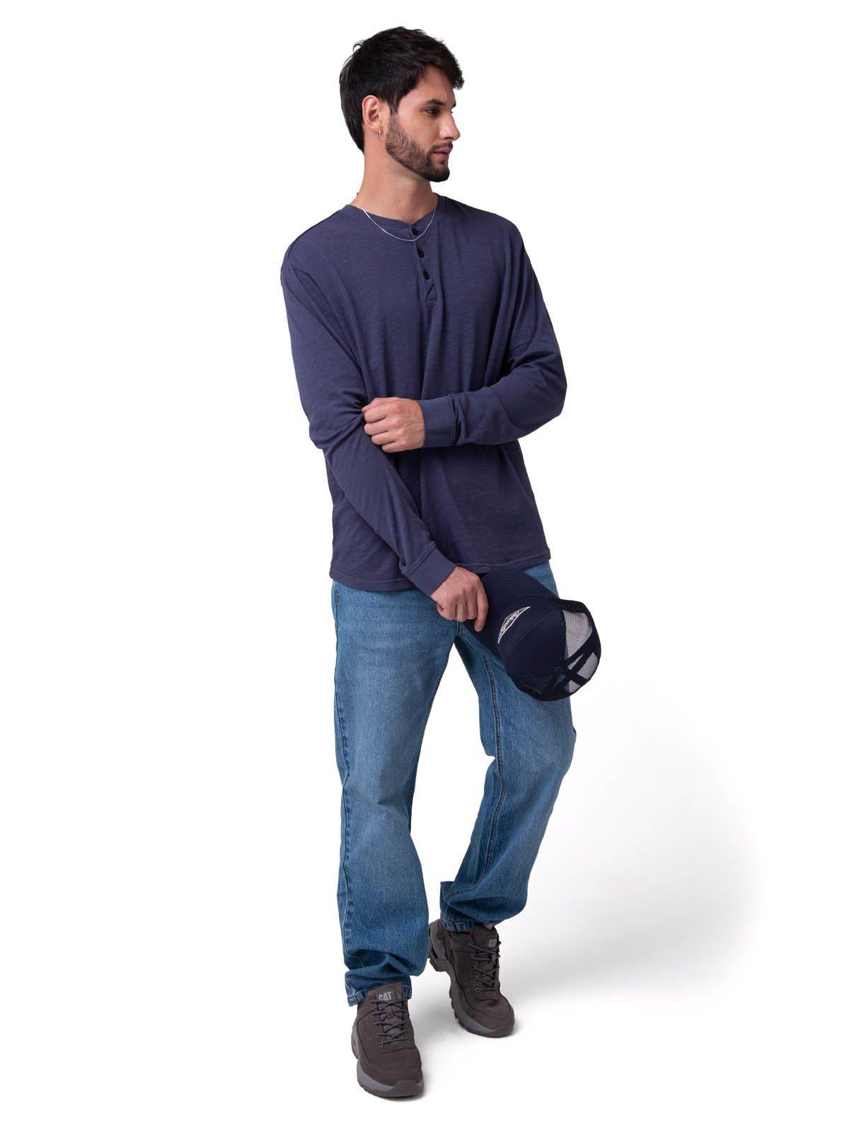 Polera Manga Larga Henley Hombre Slub Knit Azul-4