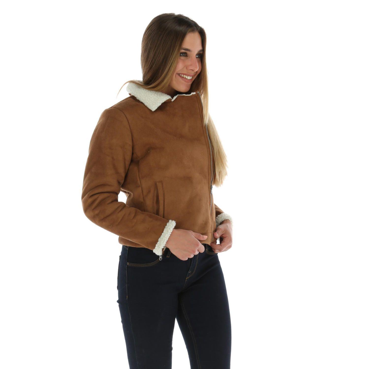 Chaqueta Mujer Suede And Sherpa Mot Café-1