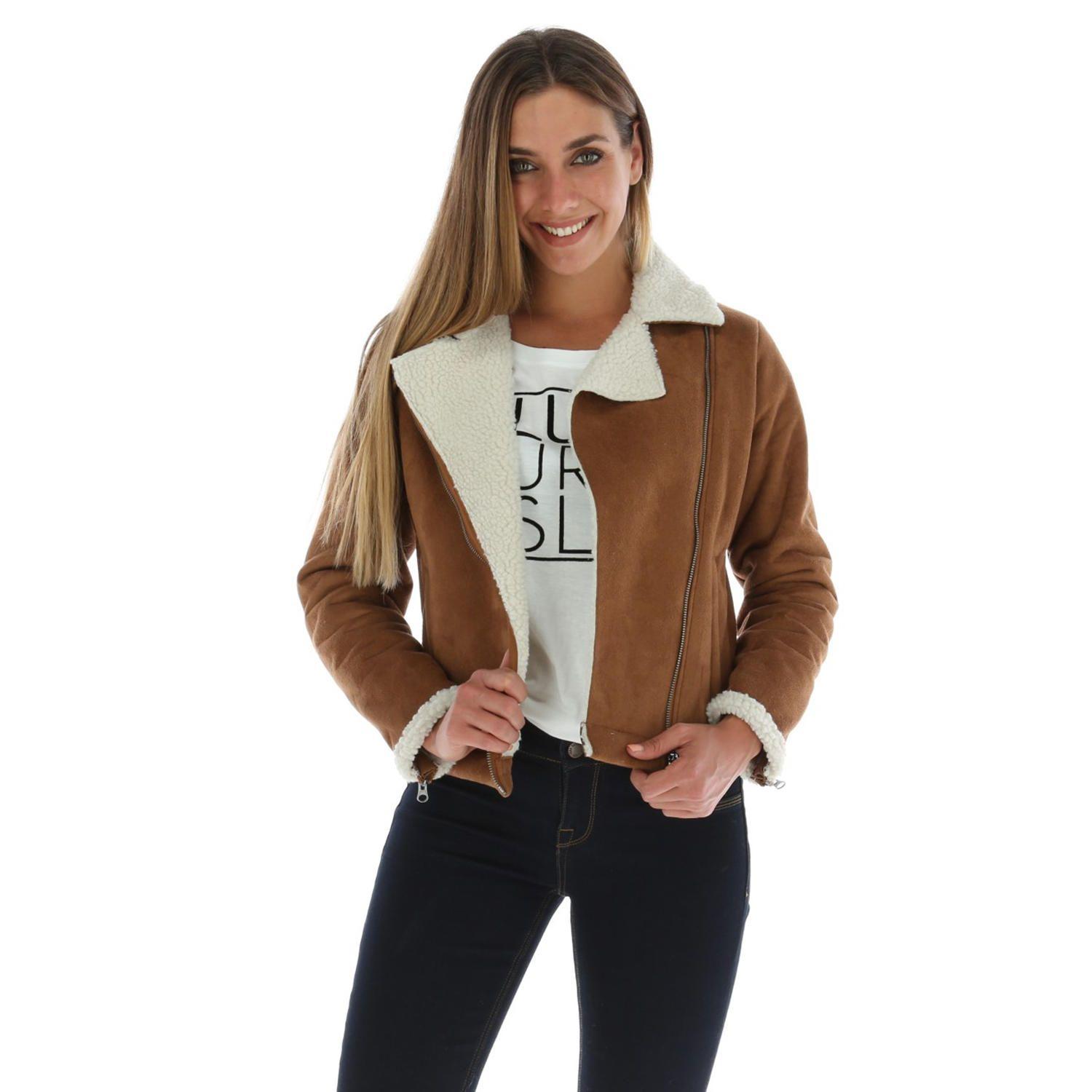 Chaqueta Mujer Suede And Sherpa Mot Café-2