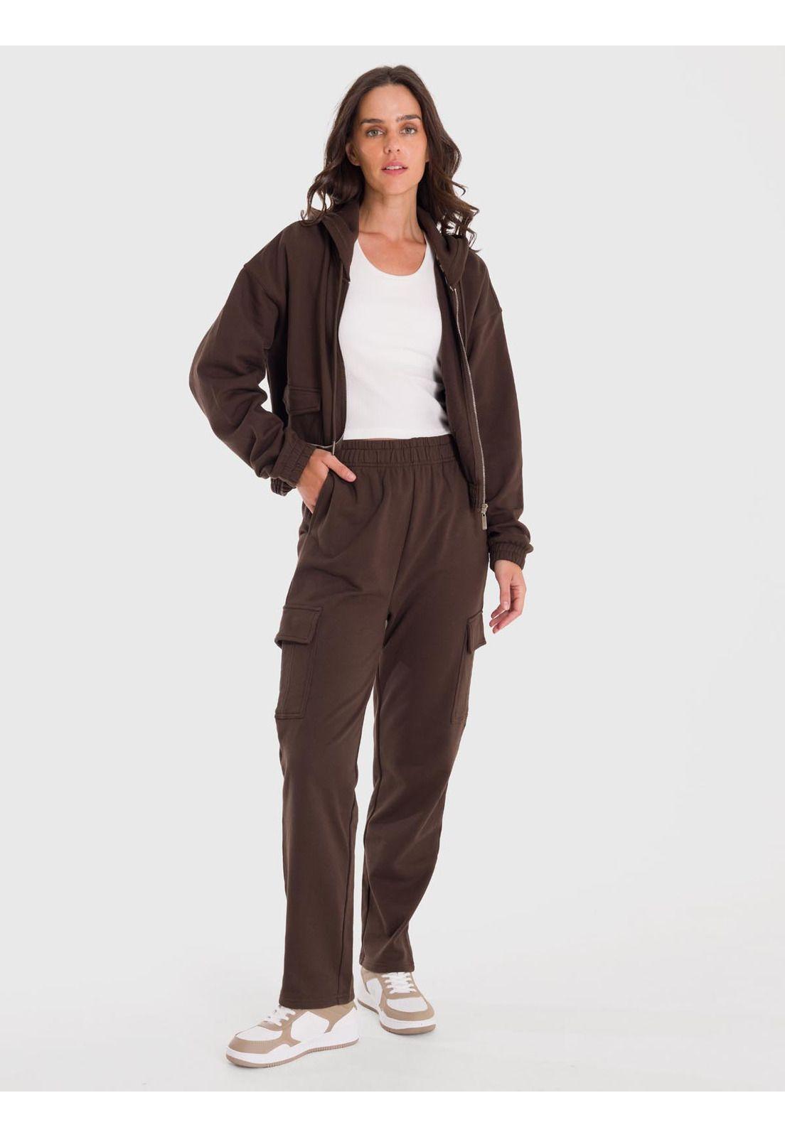 Polerón Mujer Hoodie Zip Cargo Café-1