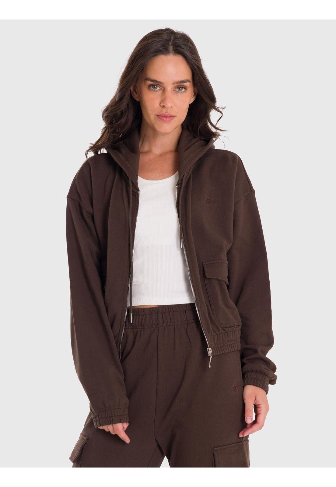 Polerón Mujer Hoodie Zip Cargo Café-3