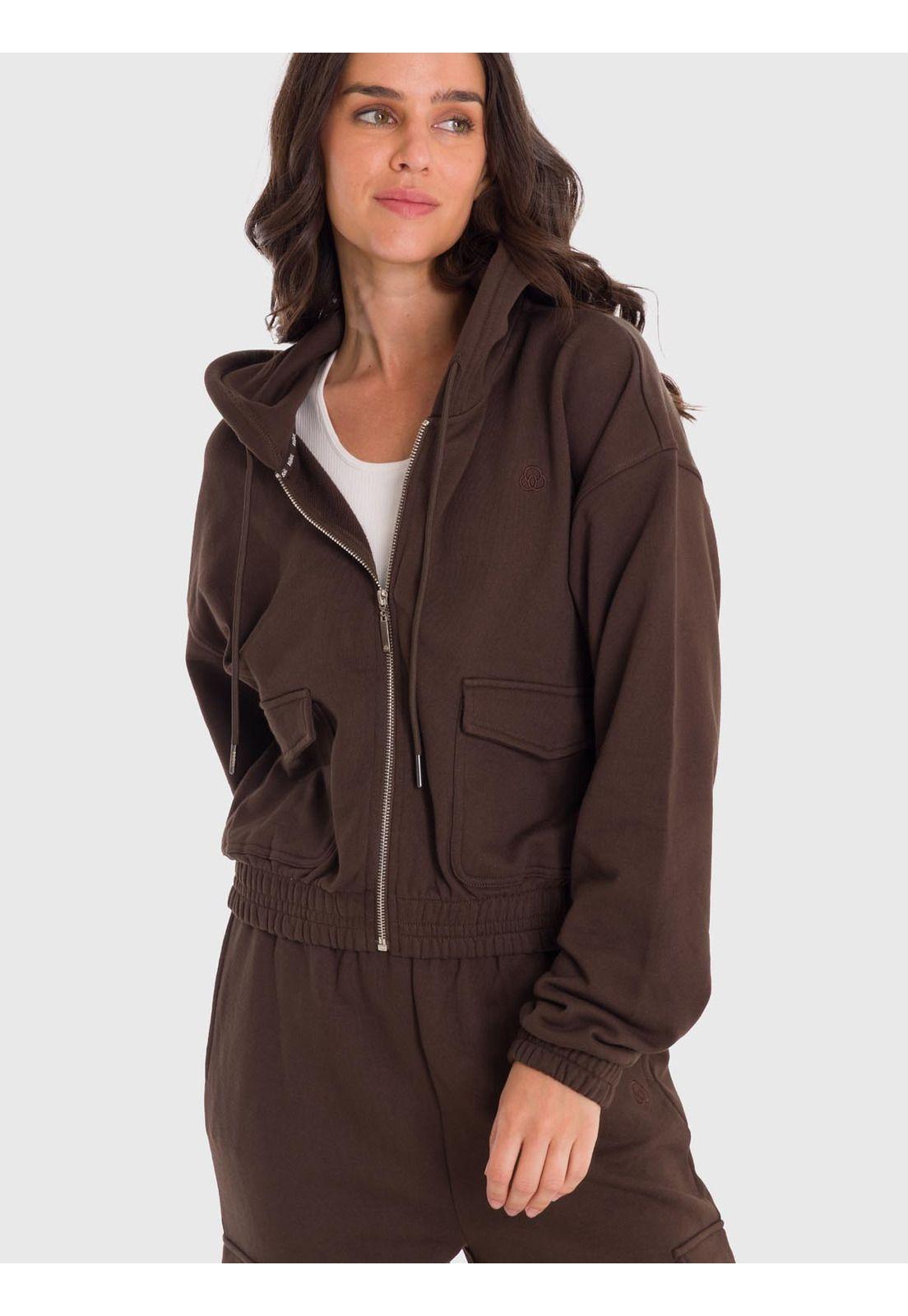 Polerón Mujer Hoodie Zip Cargo Café-5