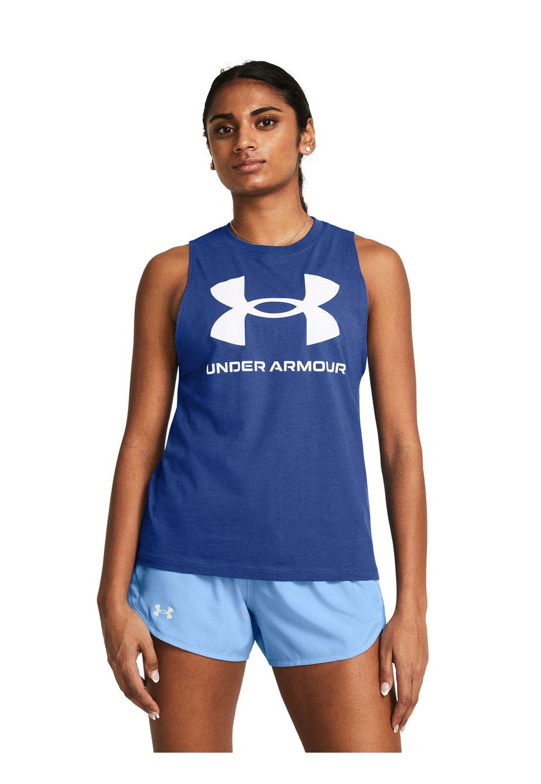Polera sin mangas UA Rival para mujer Azul-3