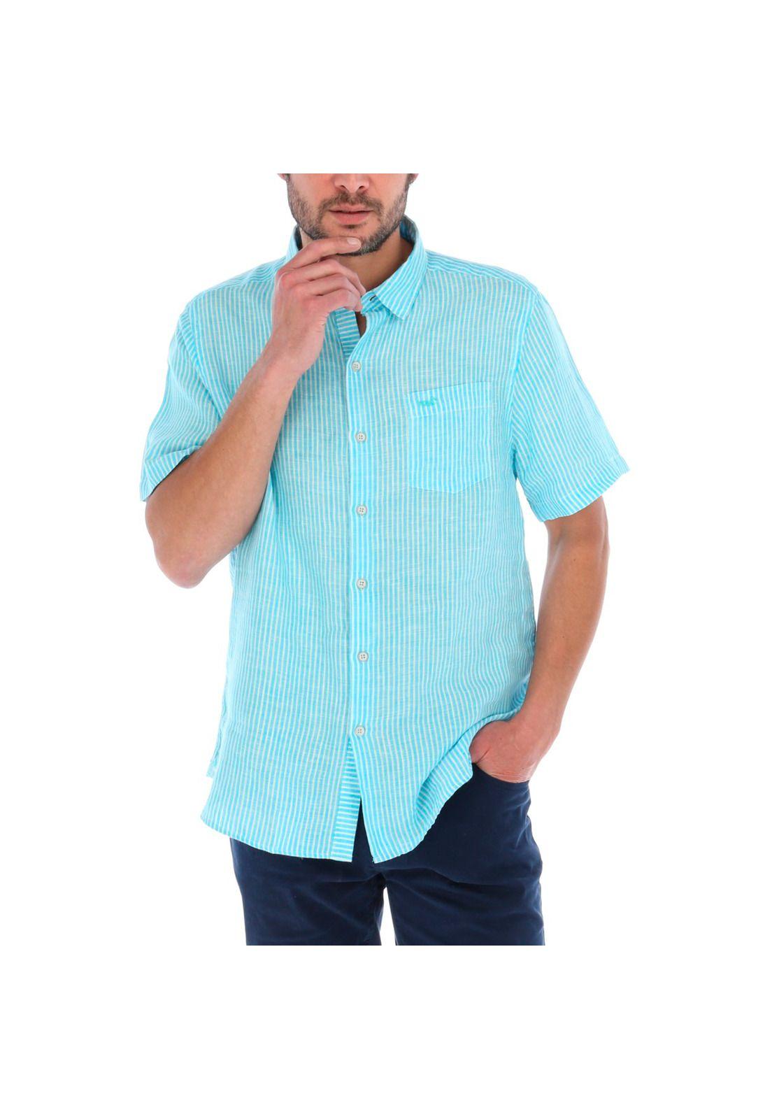 Camisa Hombre Lino Linestripeshor Celeste-0