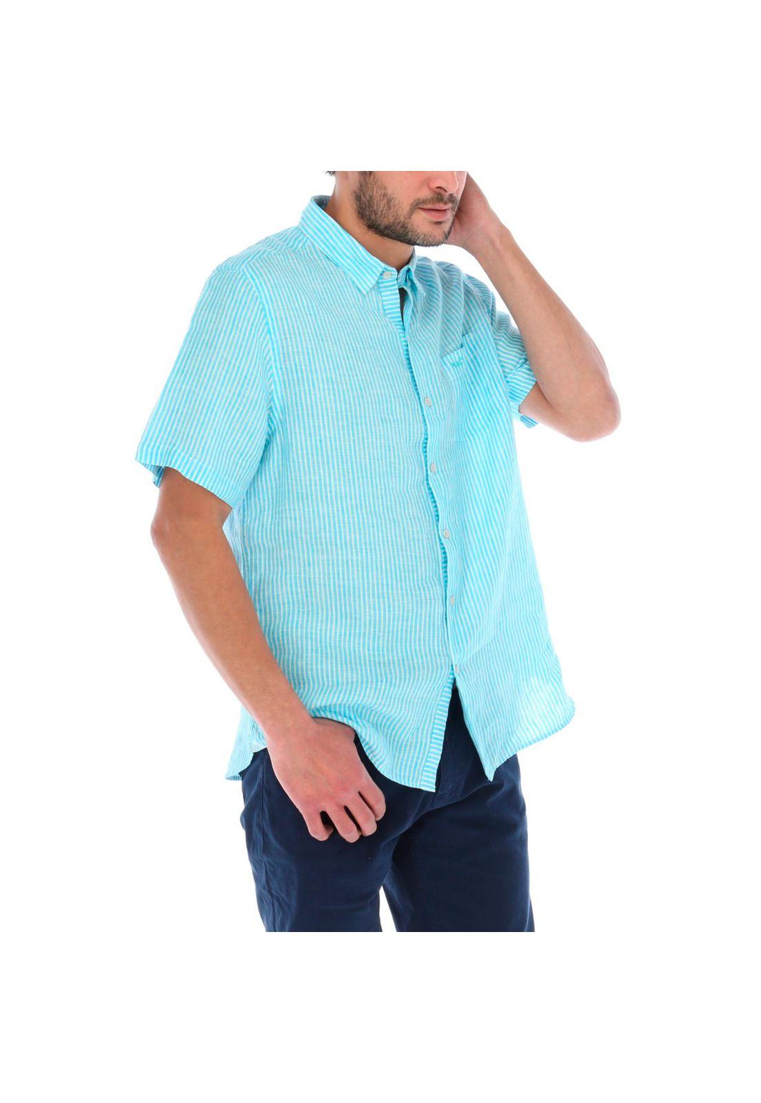 Camisa Hombre Lino Linestripeshor Celeste-2