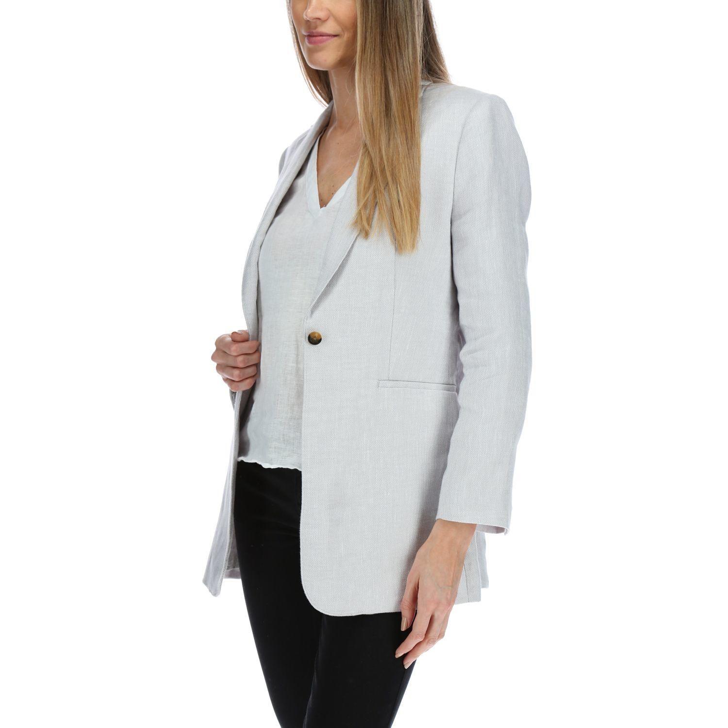 Chaqueta Lino Mujer Long Blazer Celeste-1