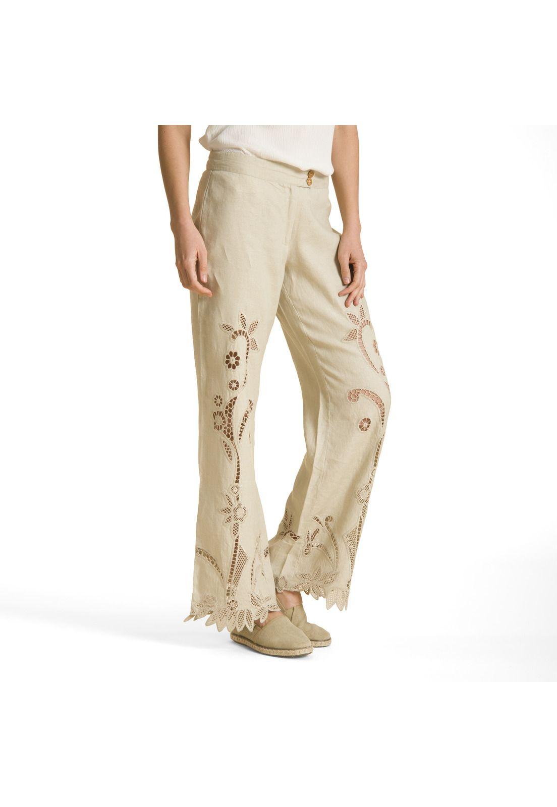 Pantalon Recto De Lino Bordado Arena Rockford-0