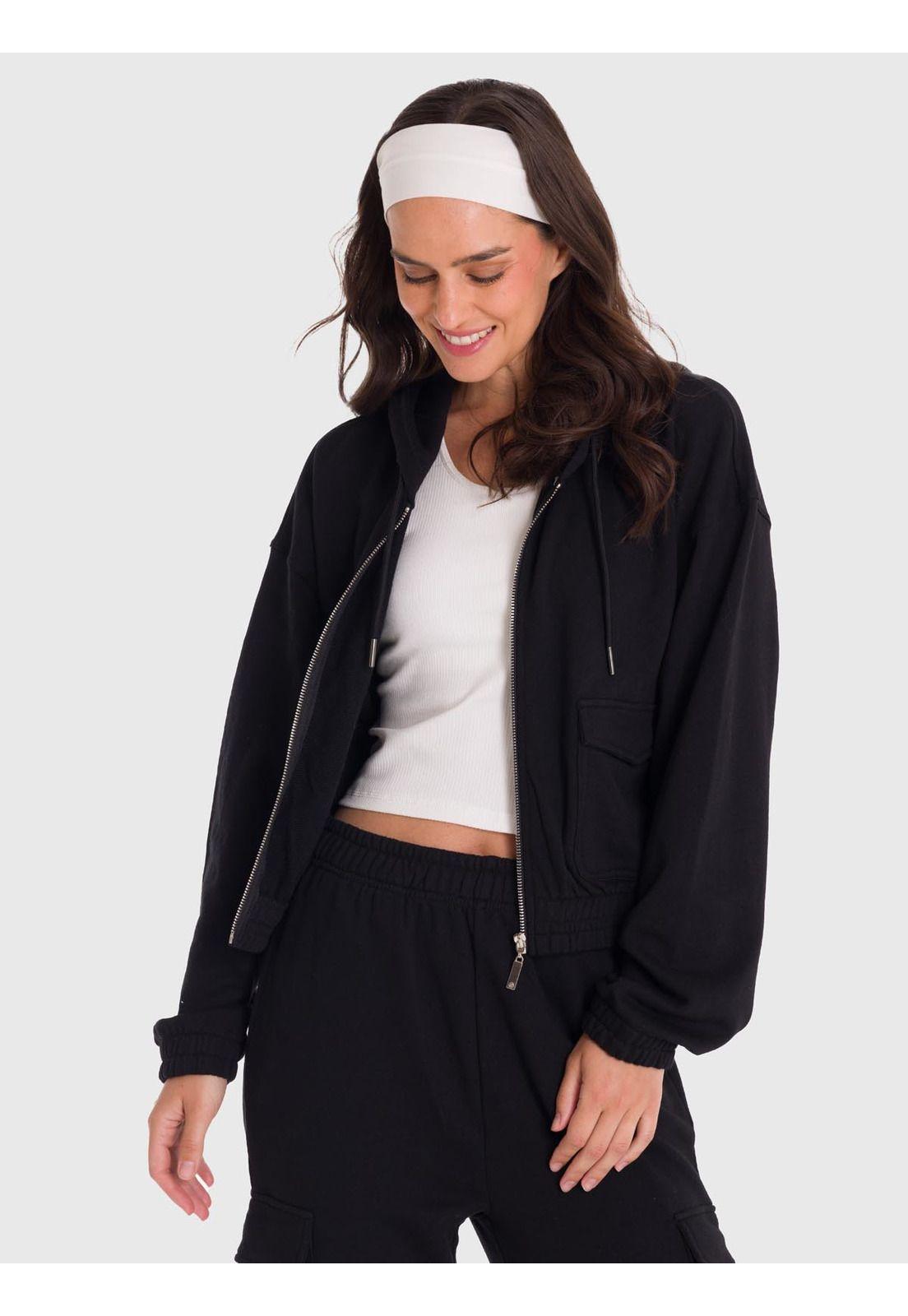 Polerón Mujer Hoodie Zip Cargo Negro-3