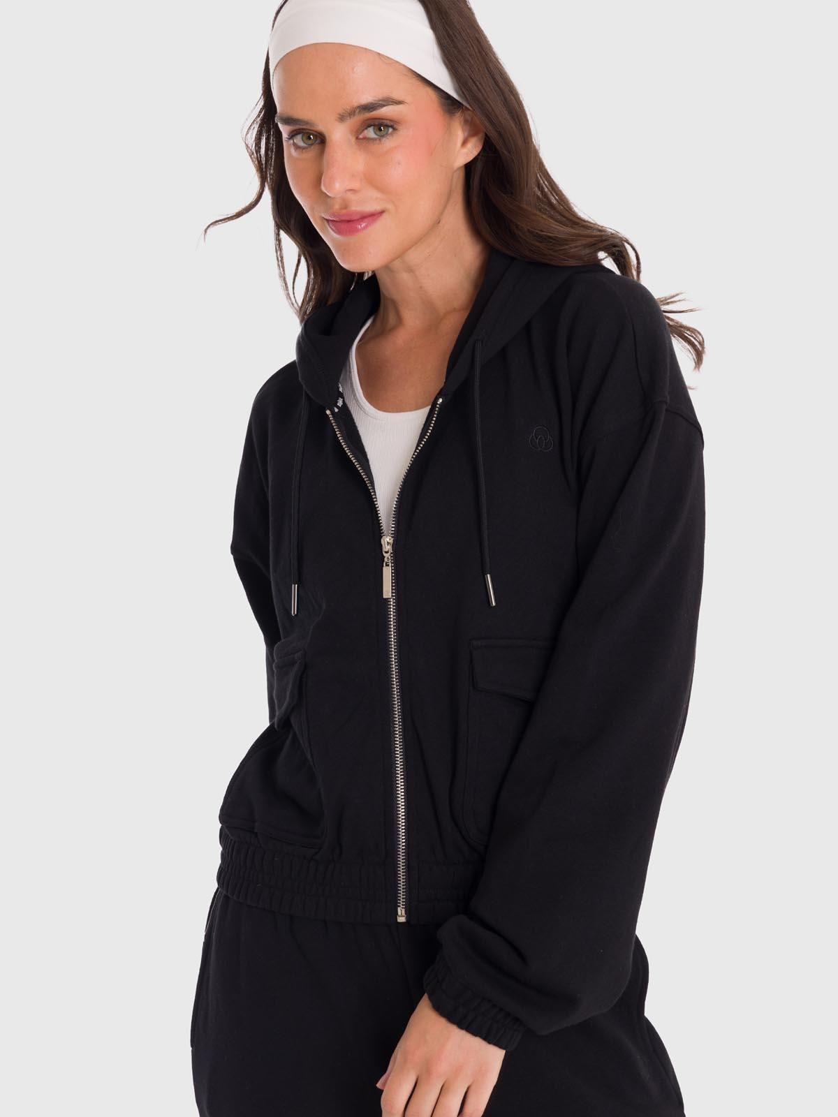 Polerón Mujer Hoodie Zip Cargo Negro-0