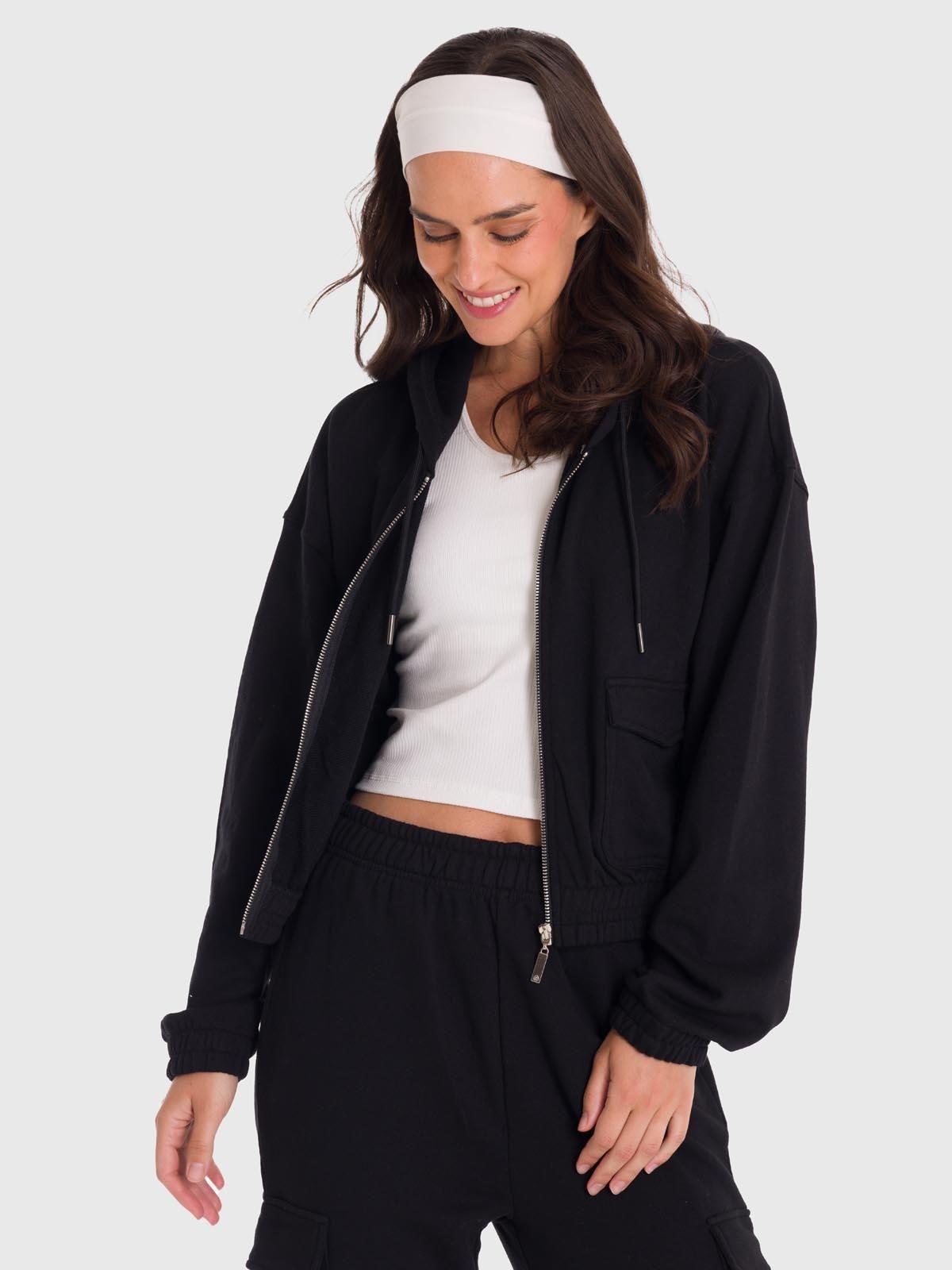 Polerón Mujer Hoodie Zip Cargo Negro-3