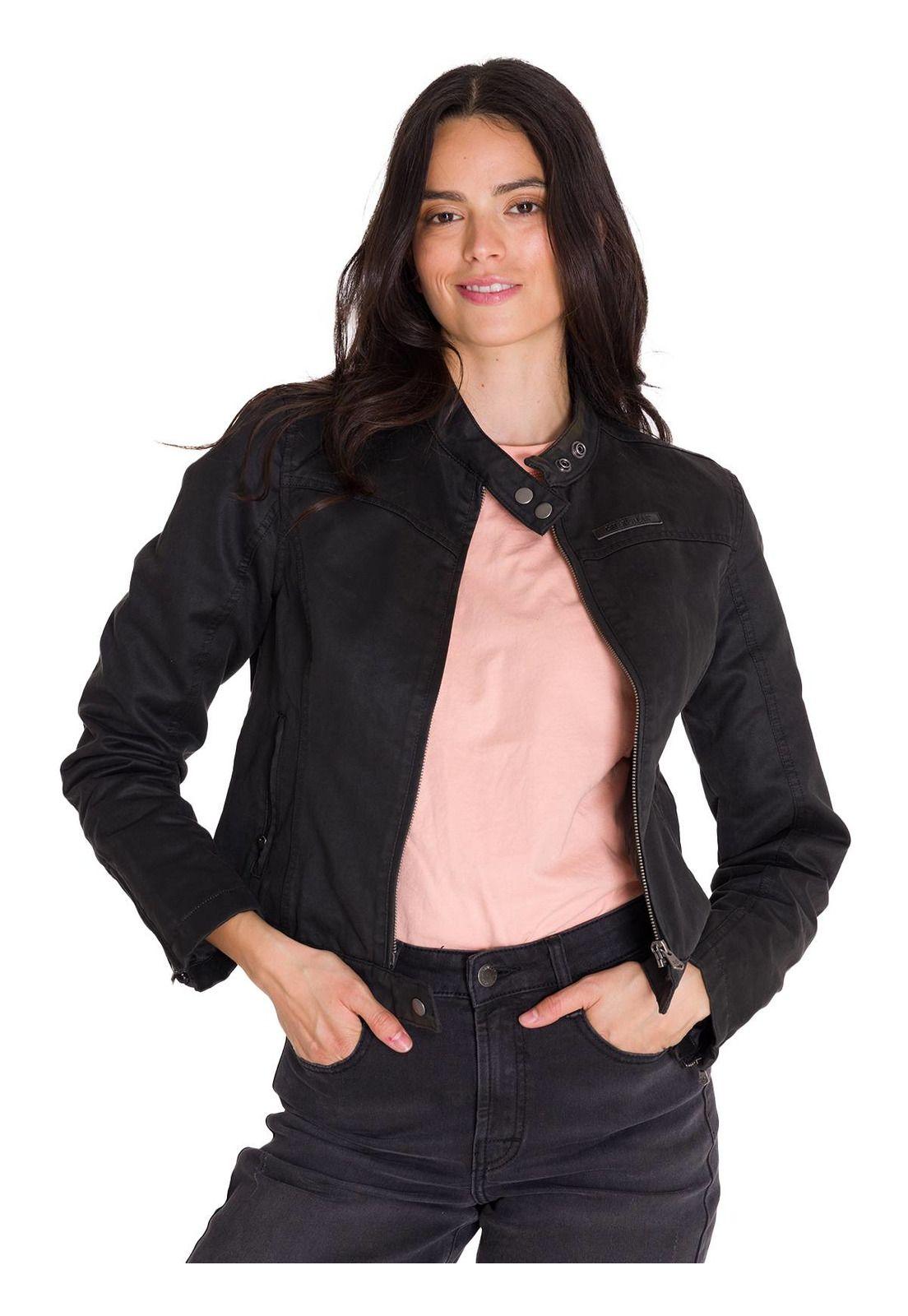 Chaqueta Casual Waxed Moto Mujer Negra-3