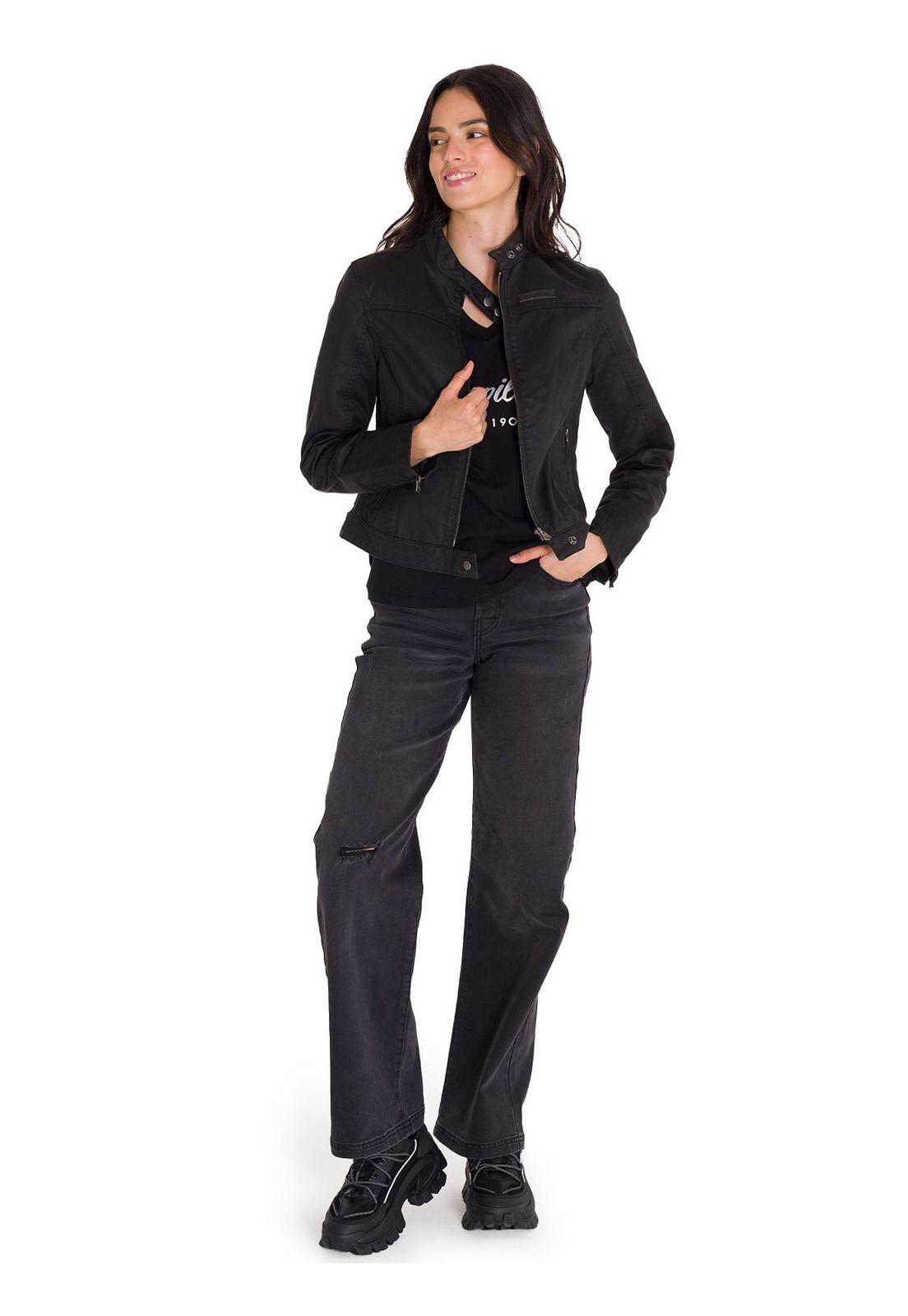 Chaqueta Casual Waxed Moto Mujer Negra-8