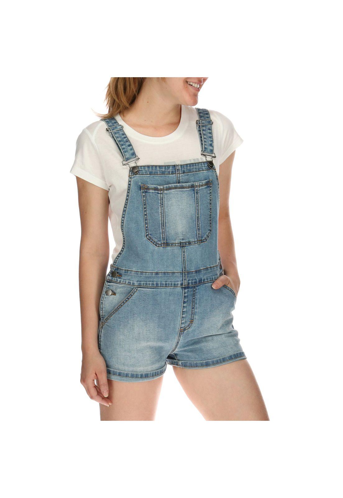 Jardinera Mujer Denim Overall Short Azul-3
