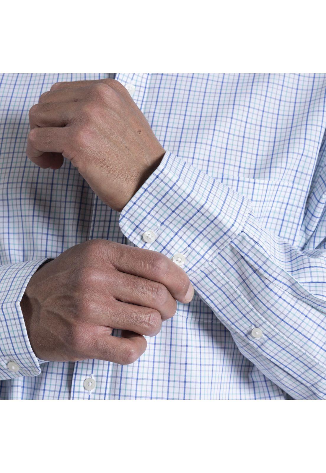 Camisa Masculino Wrinkle Free Cuello Boton Algodón  Turquesa-5