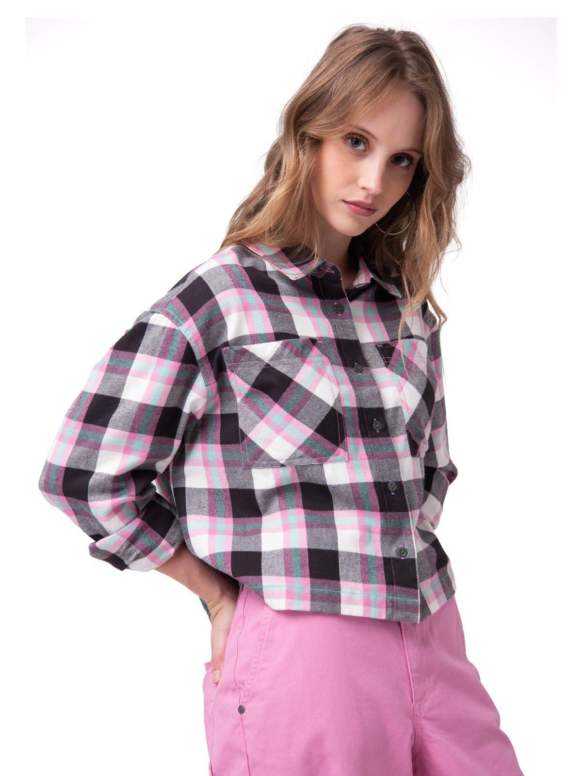 Camisa Manga Larga Mujer Cropped Flannel Rosa-0