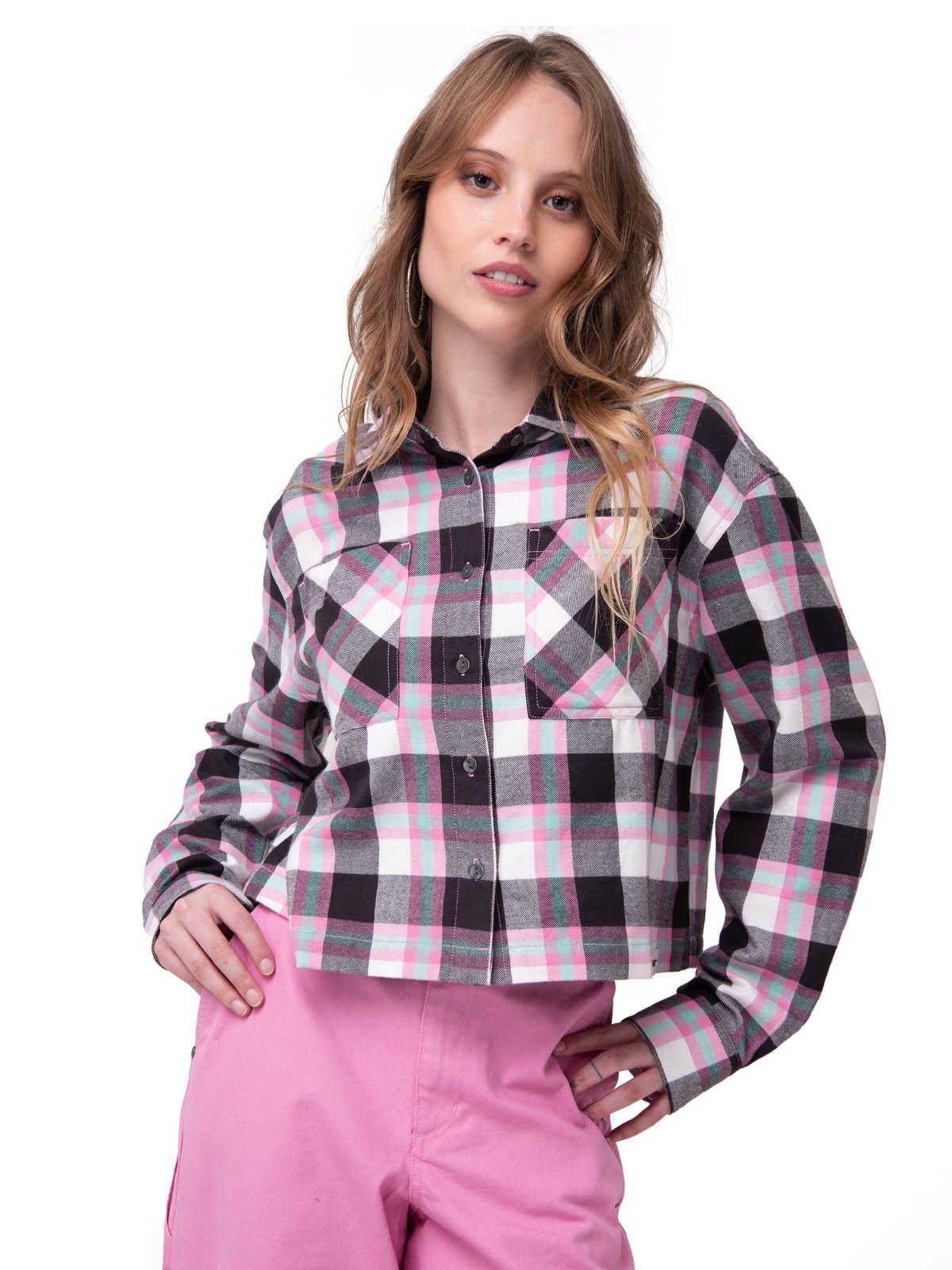 Camisa Manga Larga Mujer Cropped Flannel Rosa-1