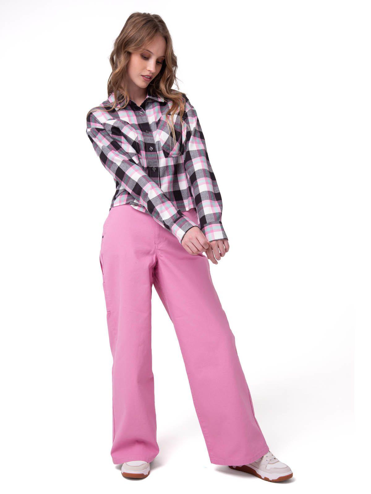 Camisa Manga Larga Mujer Cropped Flannel Rosa-5