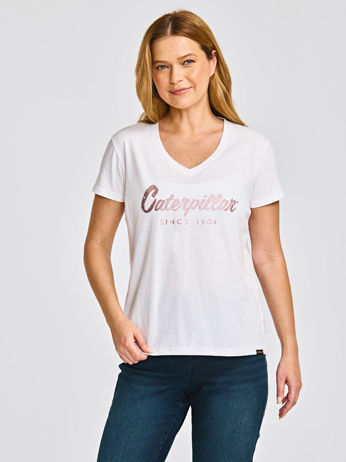 Polera cuello en V Manga Corta Mujer Script Blanco-0
