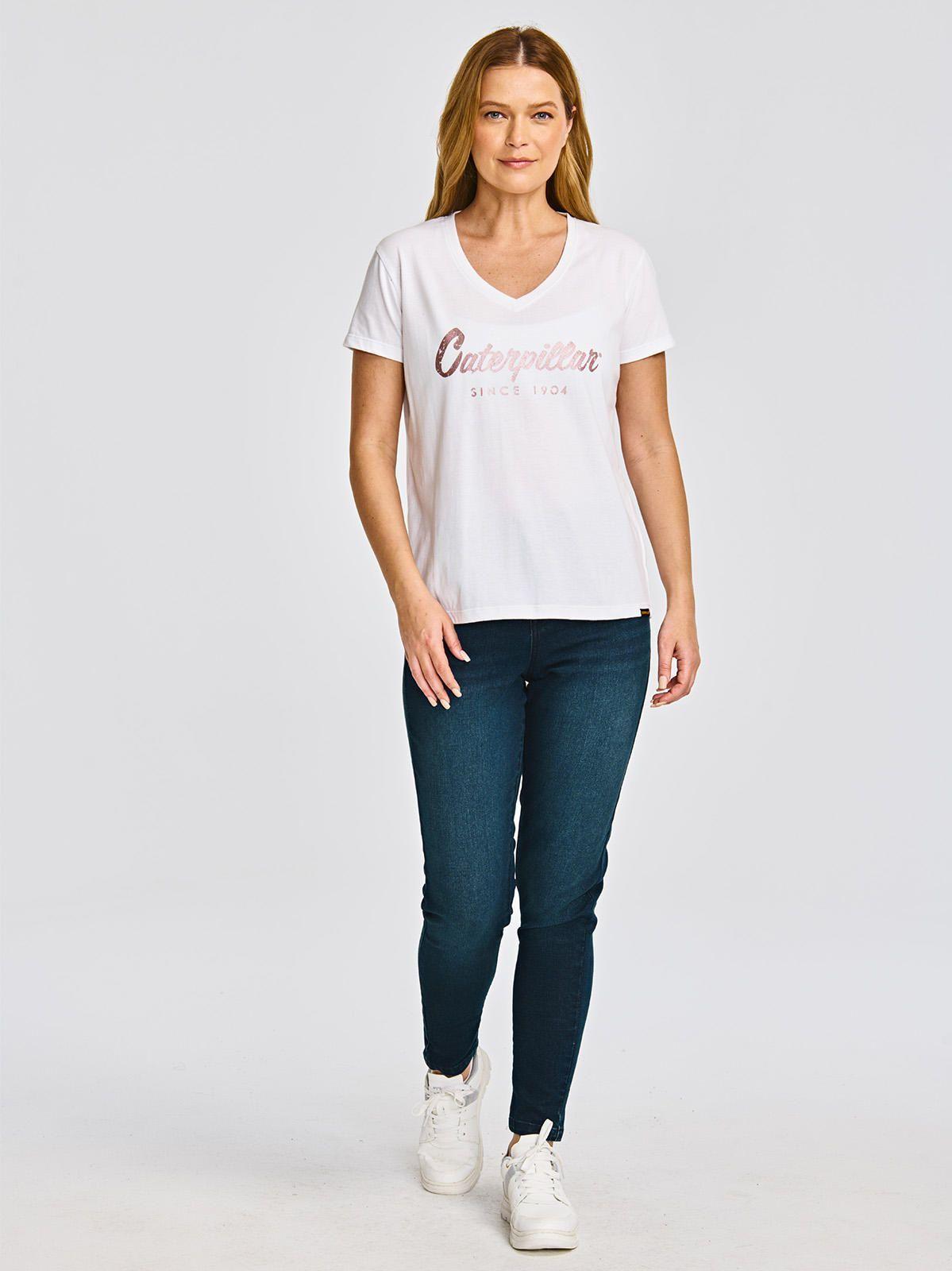 Polera cuello en V Manga Corta Mujer Script Blanco-5