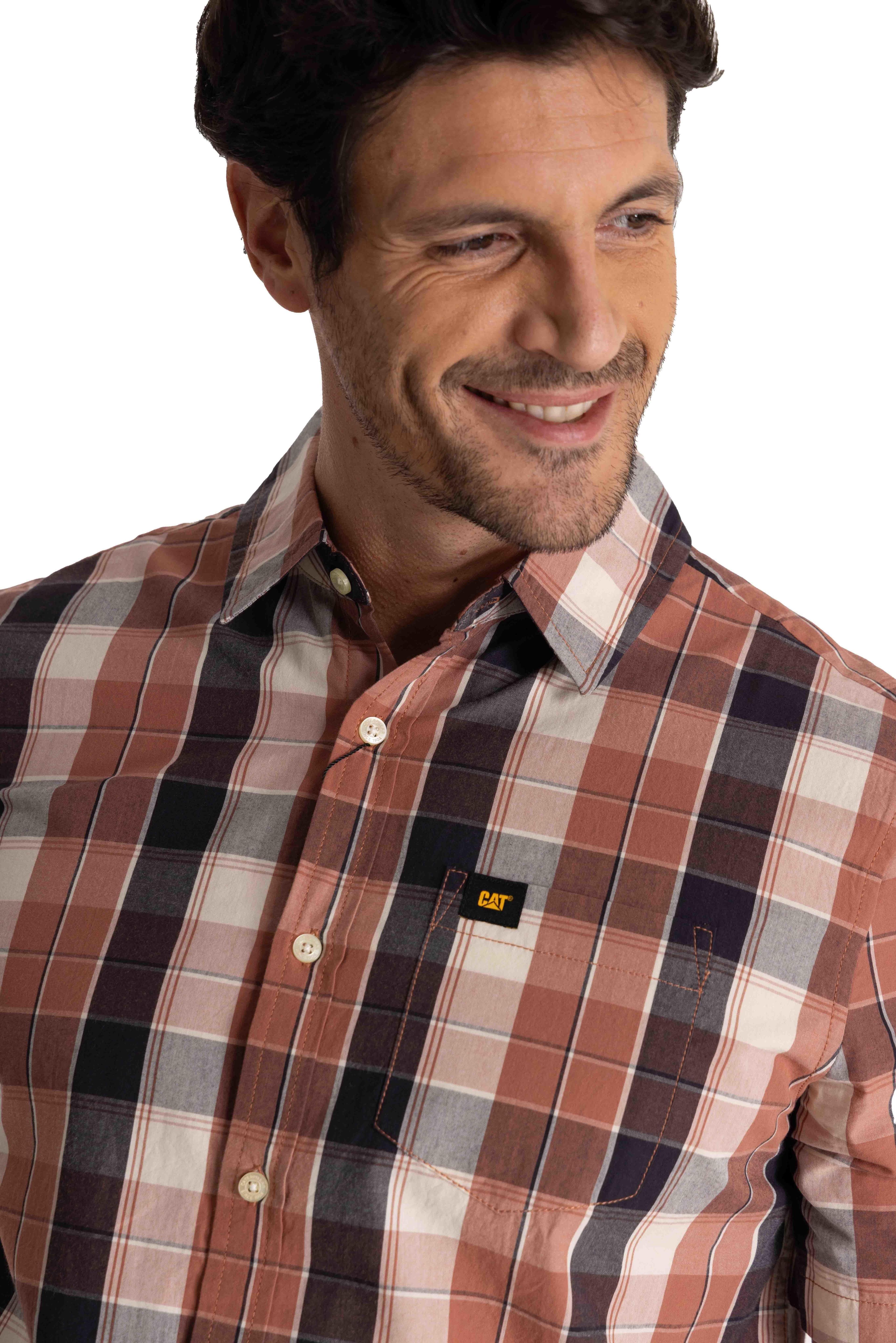 Camisa Manga Corta Hombre Plaid Poplin Terracota-4