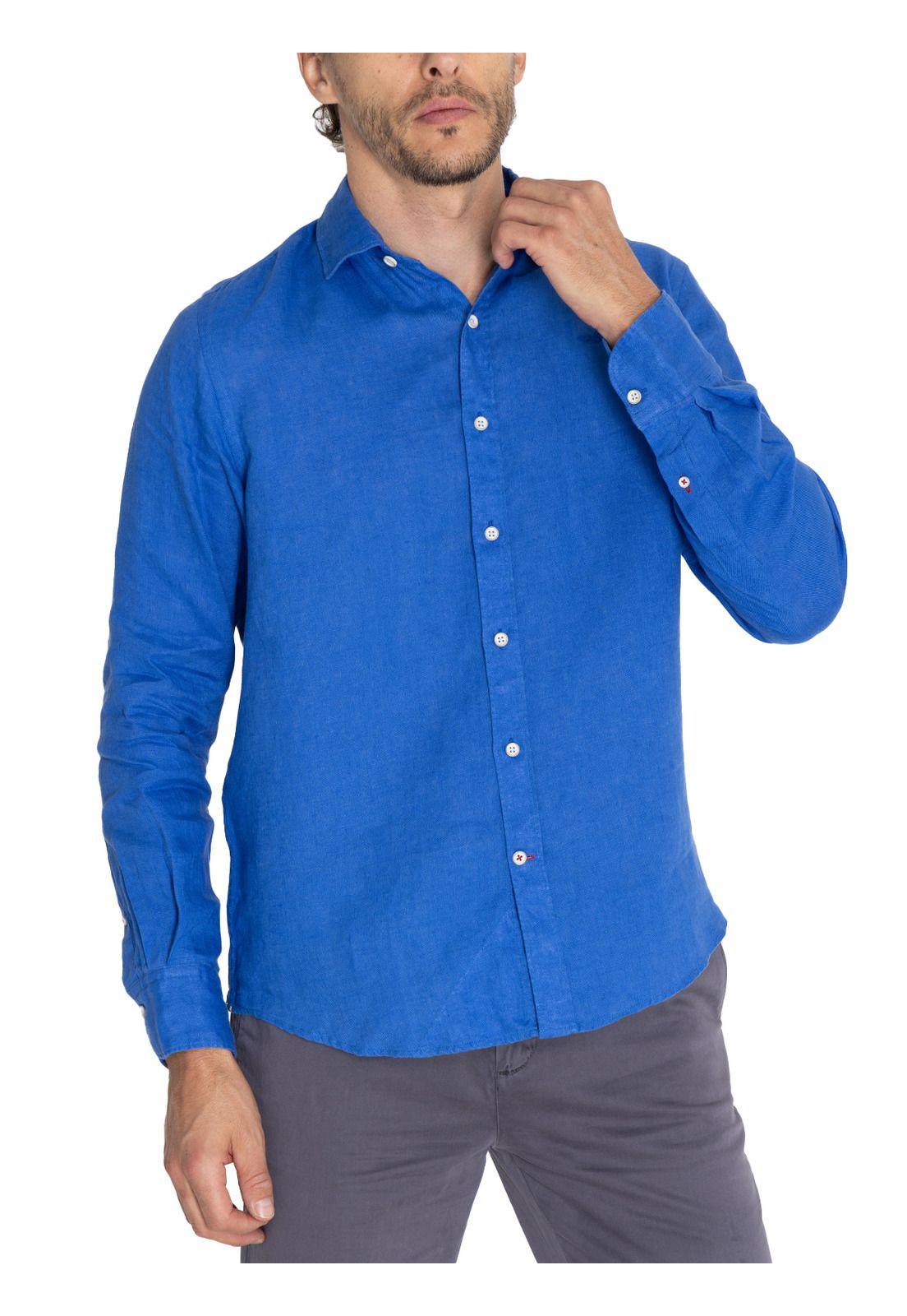 Camisa Lino Org Azul Marino Linensol Hombre -6