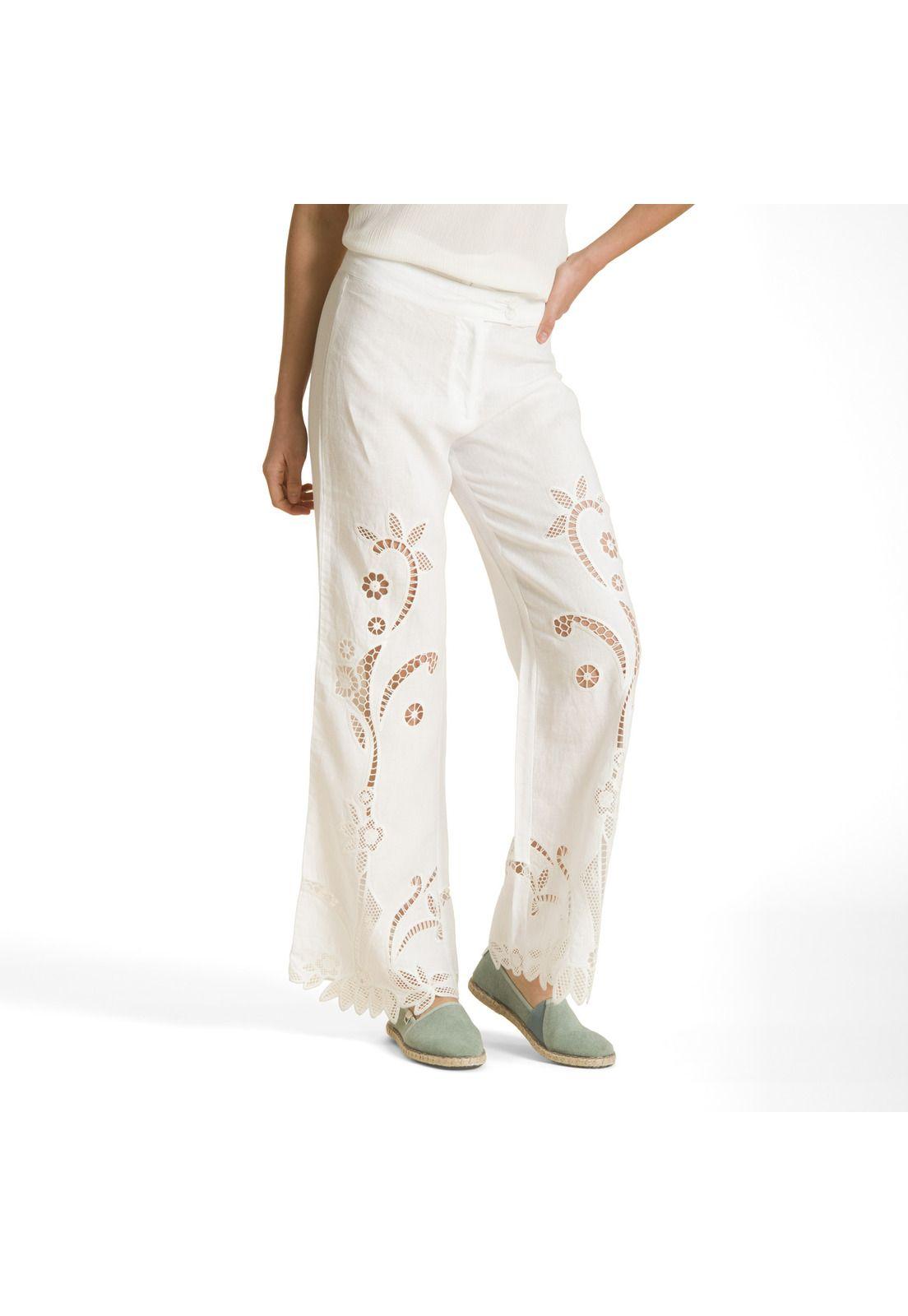 Pantalon Recto De Lino Bordado Blanco Rockford-0