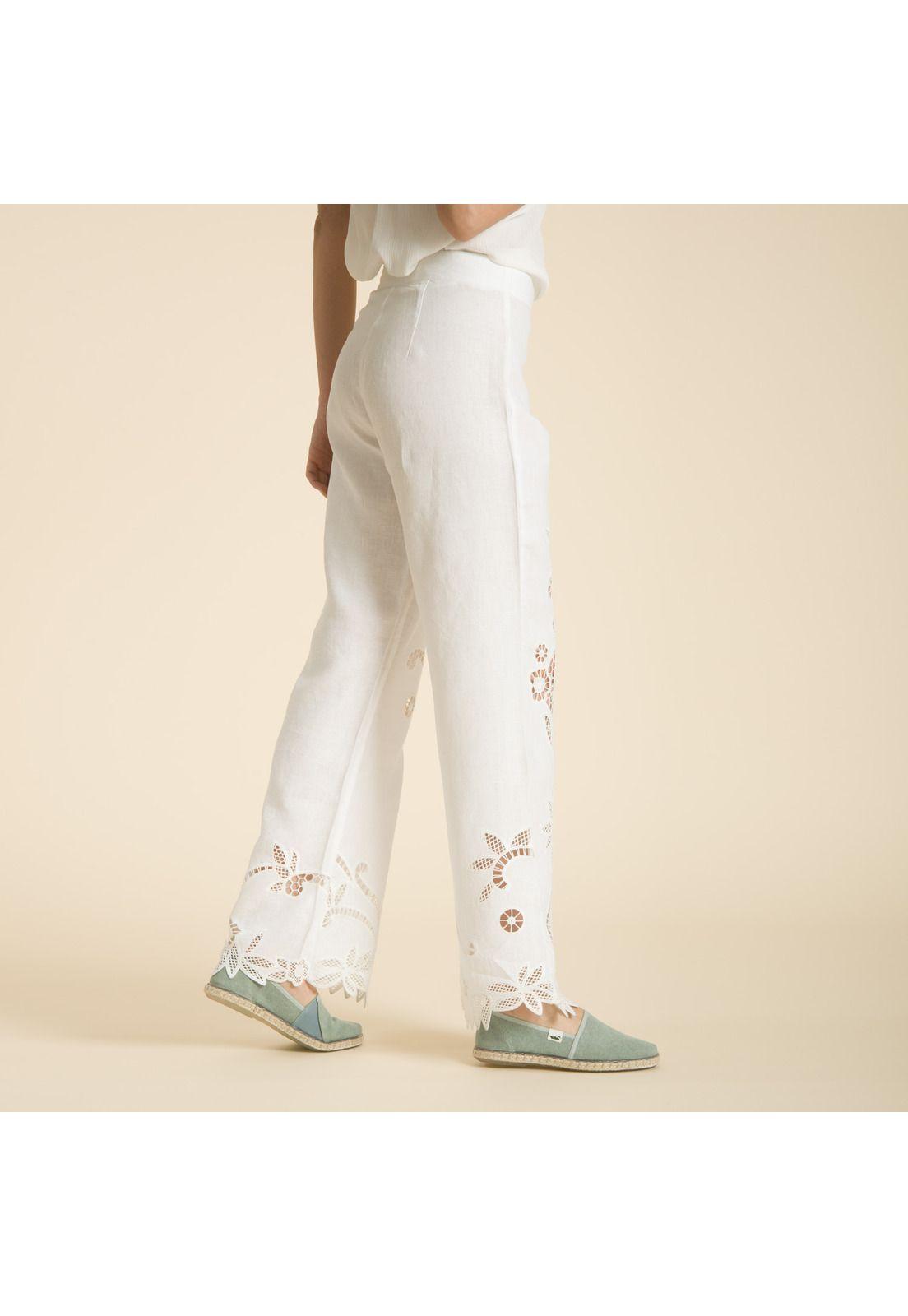 Pantalon Recto De Lino Bordado Blanco Rockford-1