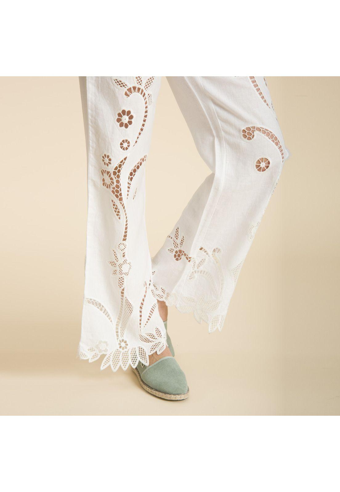 Pantalon Recto De Lino Bordado Blanco Rockford-3