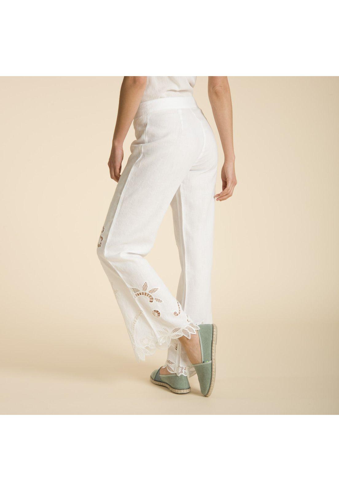 Pantalon Recto De Lino Bordado Blanco Rockford-4